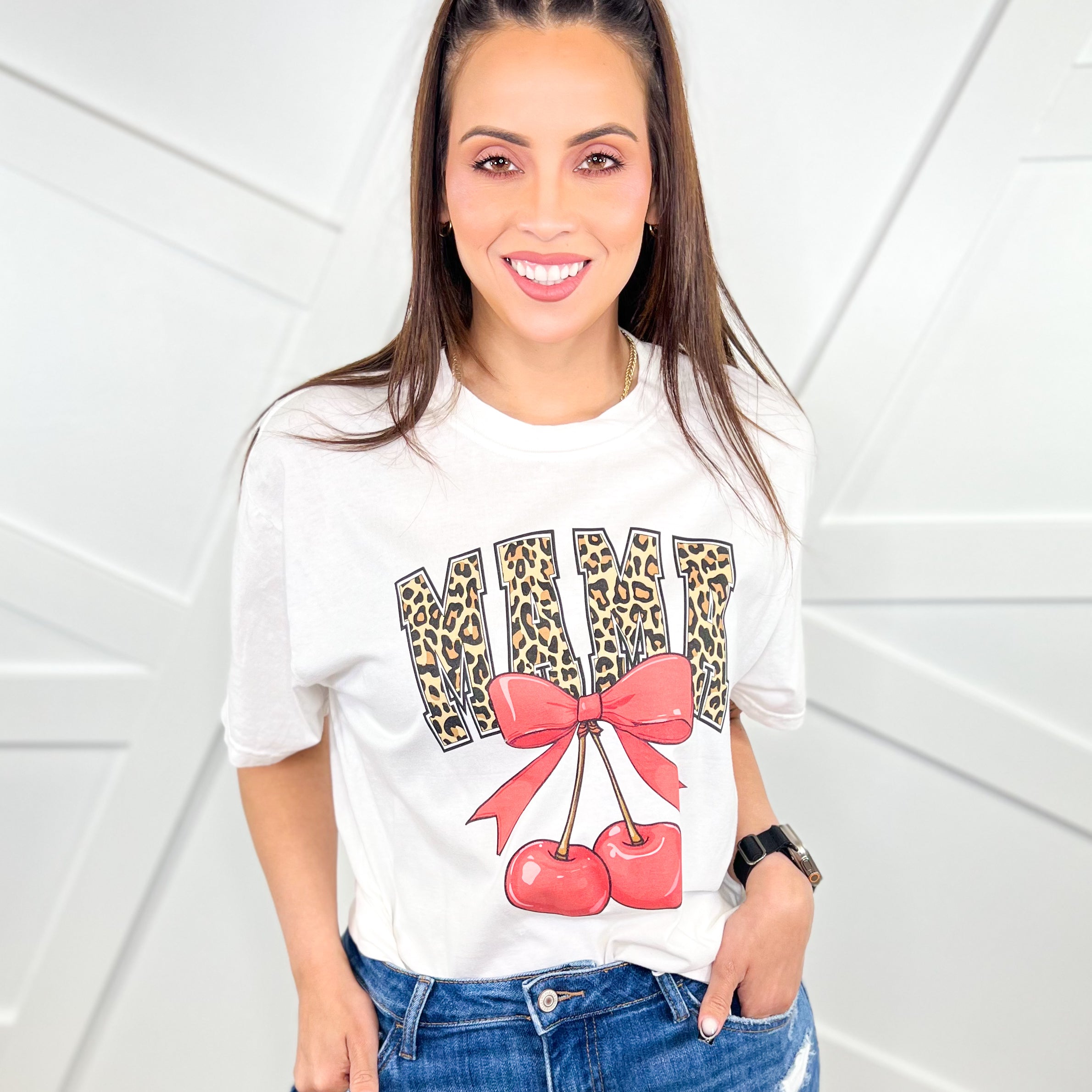 Leopard MAMA Cherries Graphic Tee-130 Graphic Tees-Heathered Boho-Heathered Boho Boutique, Women's Fashion and Accessories in Palmetto, FL