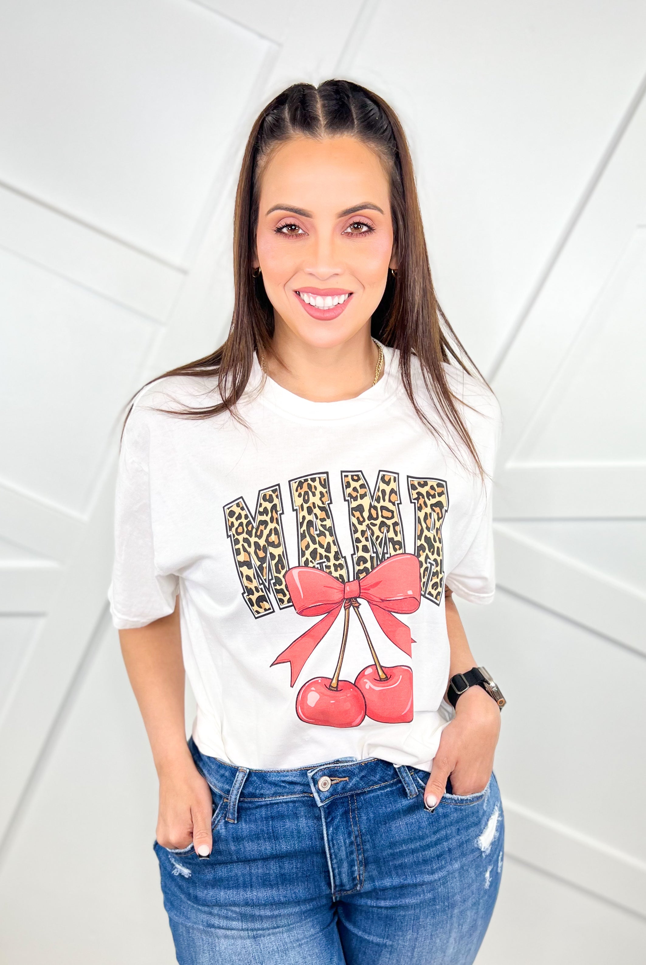 Leopard MAMA Cherries Graphic Tee-130 Graphic Tees-Heathered Boho-Heathered Boho Boutique, Women's Fashion and Accessories in Palmetto, FL