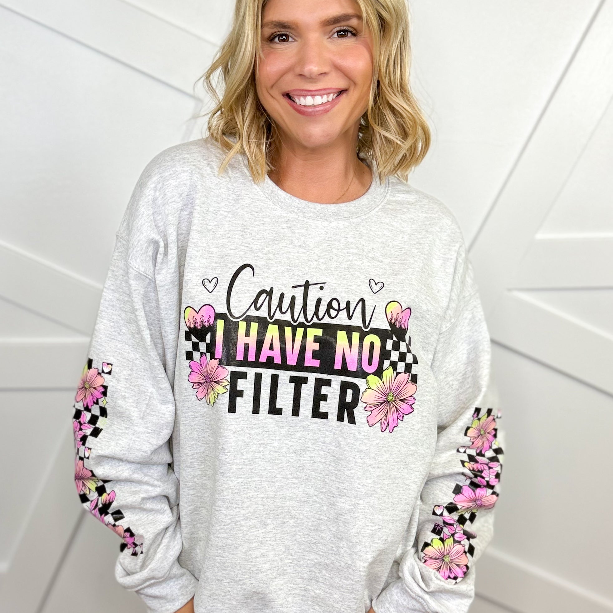 I Have No Filter Double Sleeve Graphic Sweatshirt-130 Graphic Tees-Heathered Boho-Heathered Boho Boutique, Women's Fashion and Accessories in Palmetto, FL