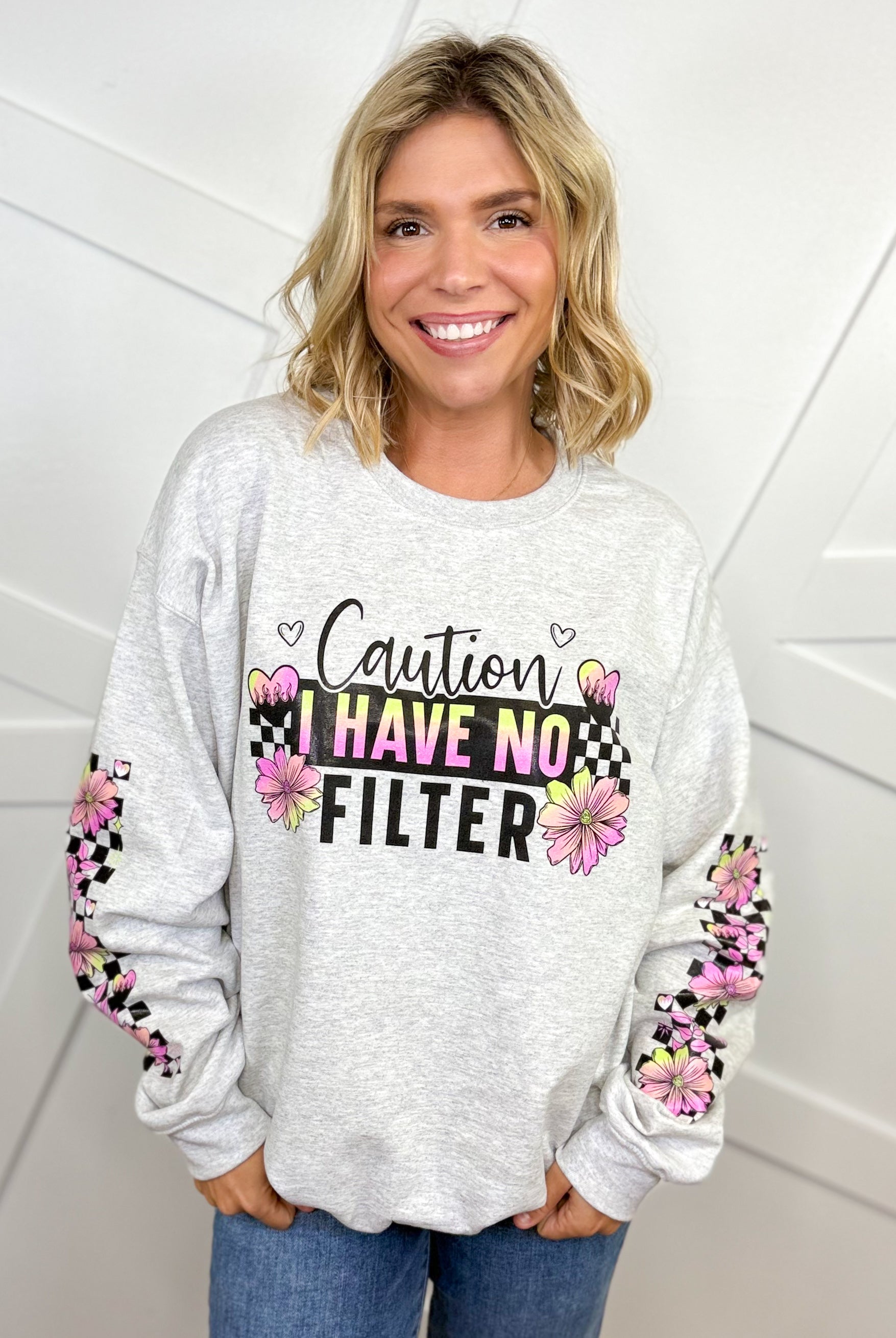 I Have No Filter Double Sleeve Graphic Sweatshirt-130 Graphic Tees-Heathered Boho-Heathered Boho Boutique, Women's Fashion and Accessories in Palmetto, FL