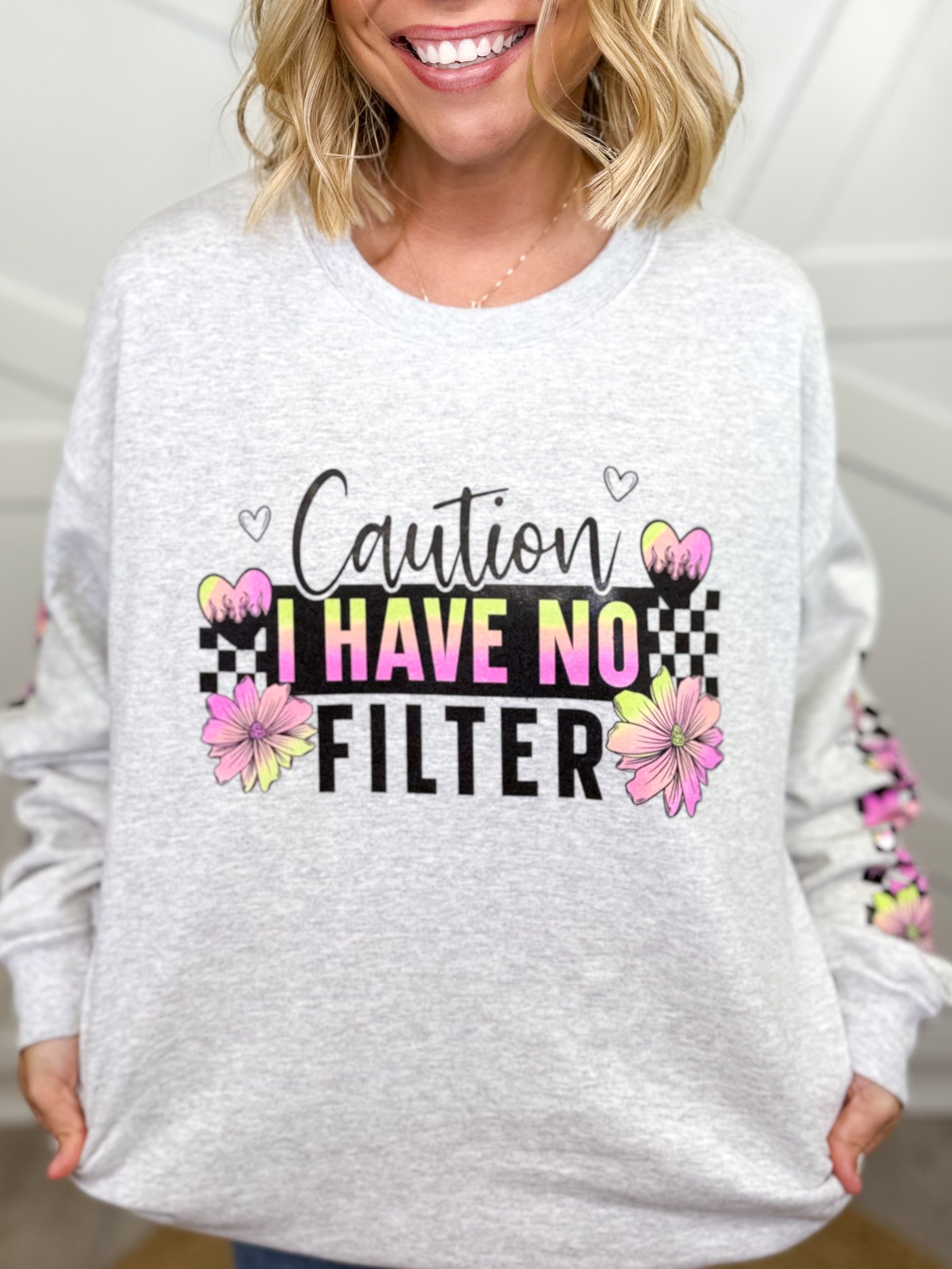I Have No Filter Double Sleeve Graphic Sweatshirt-130 Graphic Tees-Heathered Boho-Heathered Boho Boutique, Women's Fashion and Accessories in Palmetto, FL