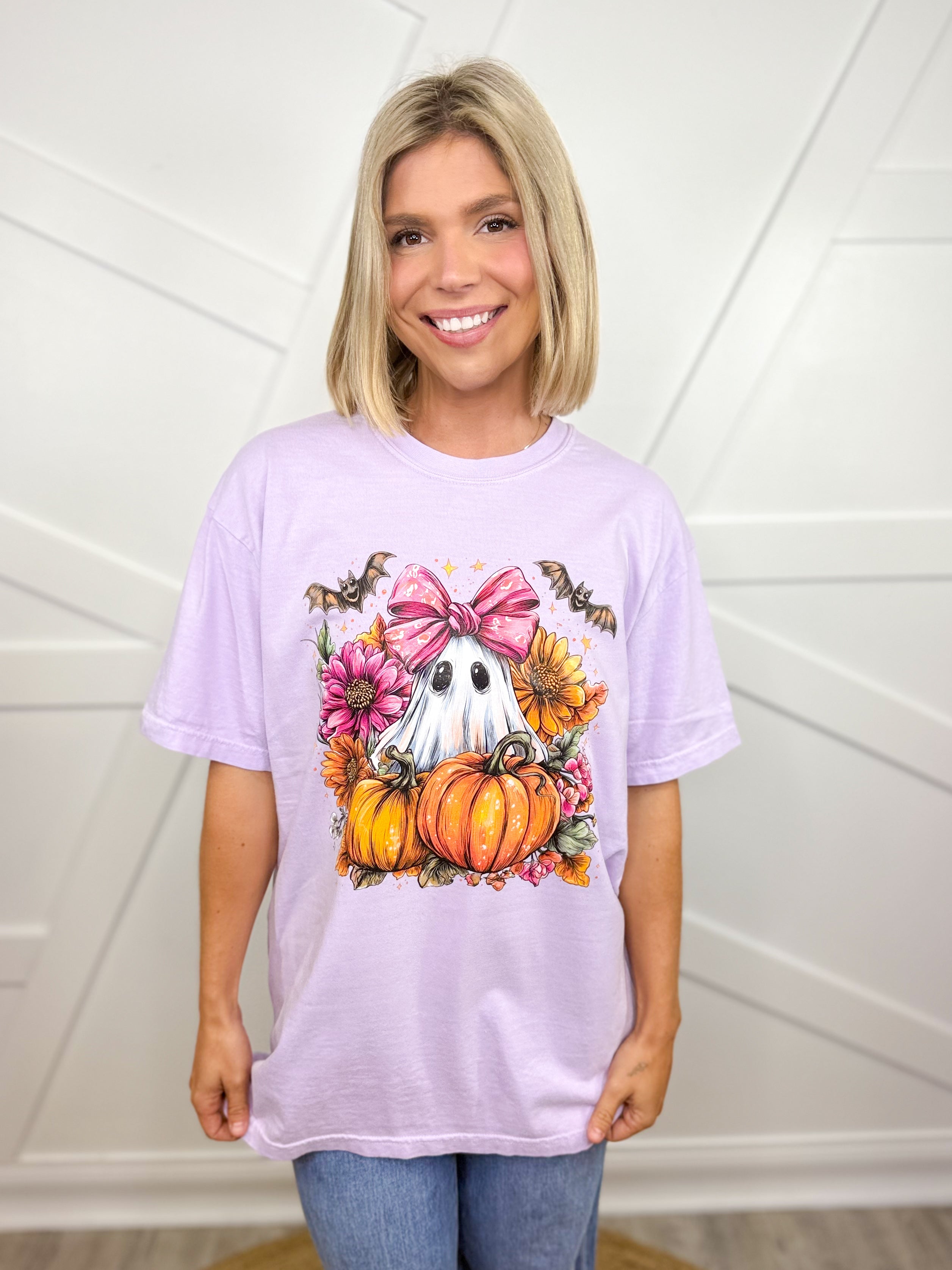 Girly Ghost With Bats Graphic Tee-130 Graphic Tees-Heathered Boho-Heathered Boho Boutique, Women's Fashion and Accessories in Palmetto, FL