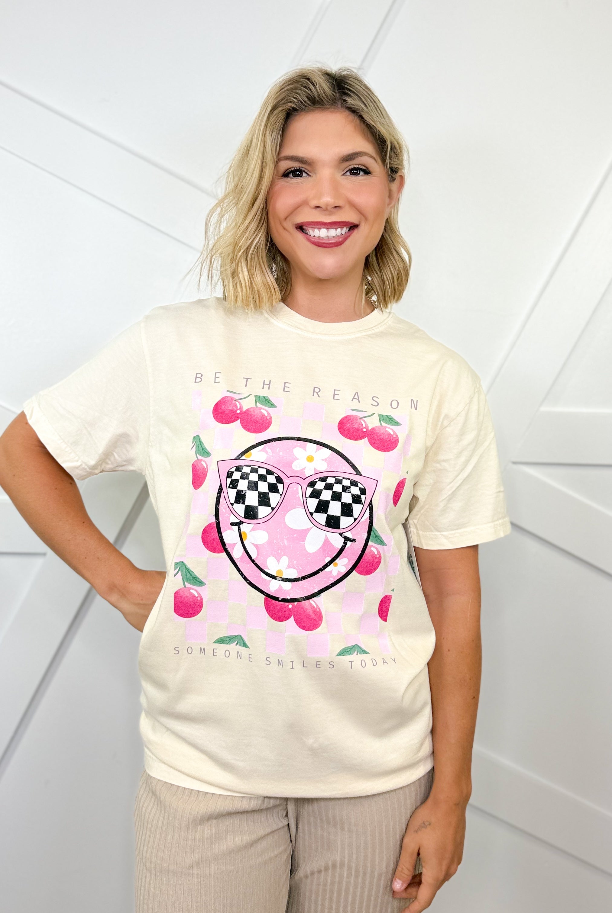 Be The Reason Smiley Graphic Tee - Ivory-130 Graphic Tees-Heathered Boho-Heathered Boho Boutique, Women's Fashion and Accessories in Palmetto, FL