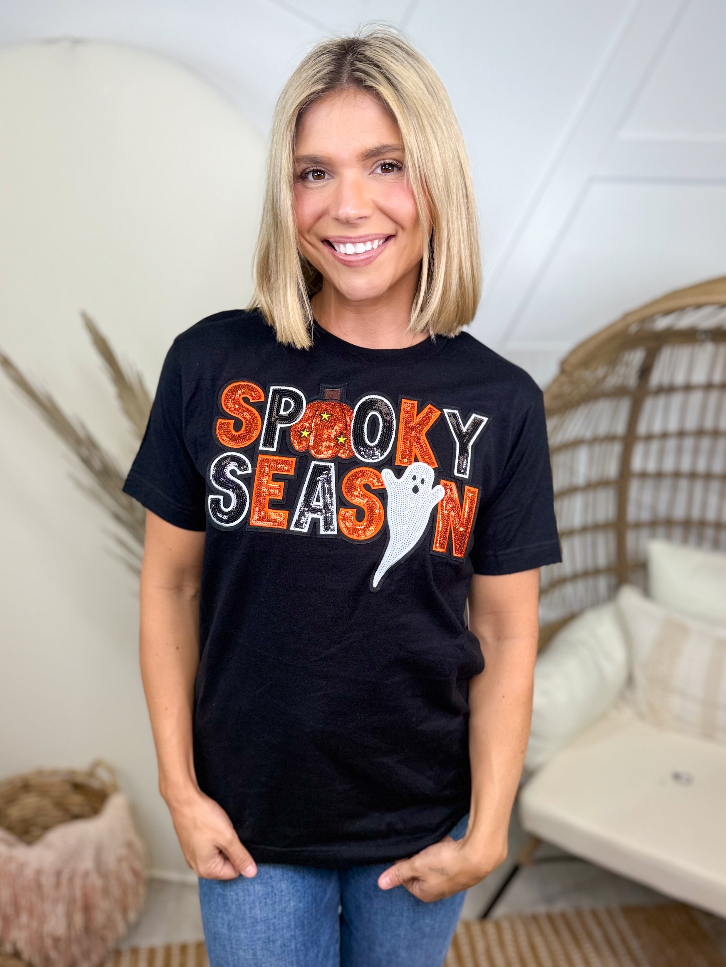 Sequin Spooky Season Graphic Tee-130 Graphic Tees-Bling-A-GoGo-Heathered Boho Boutique, Women's Fashion and Accessories in Palmetto, FL