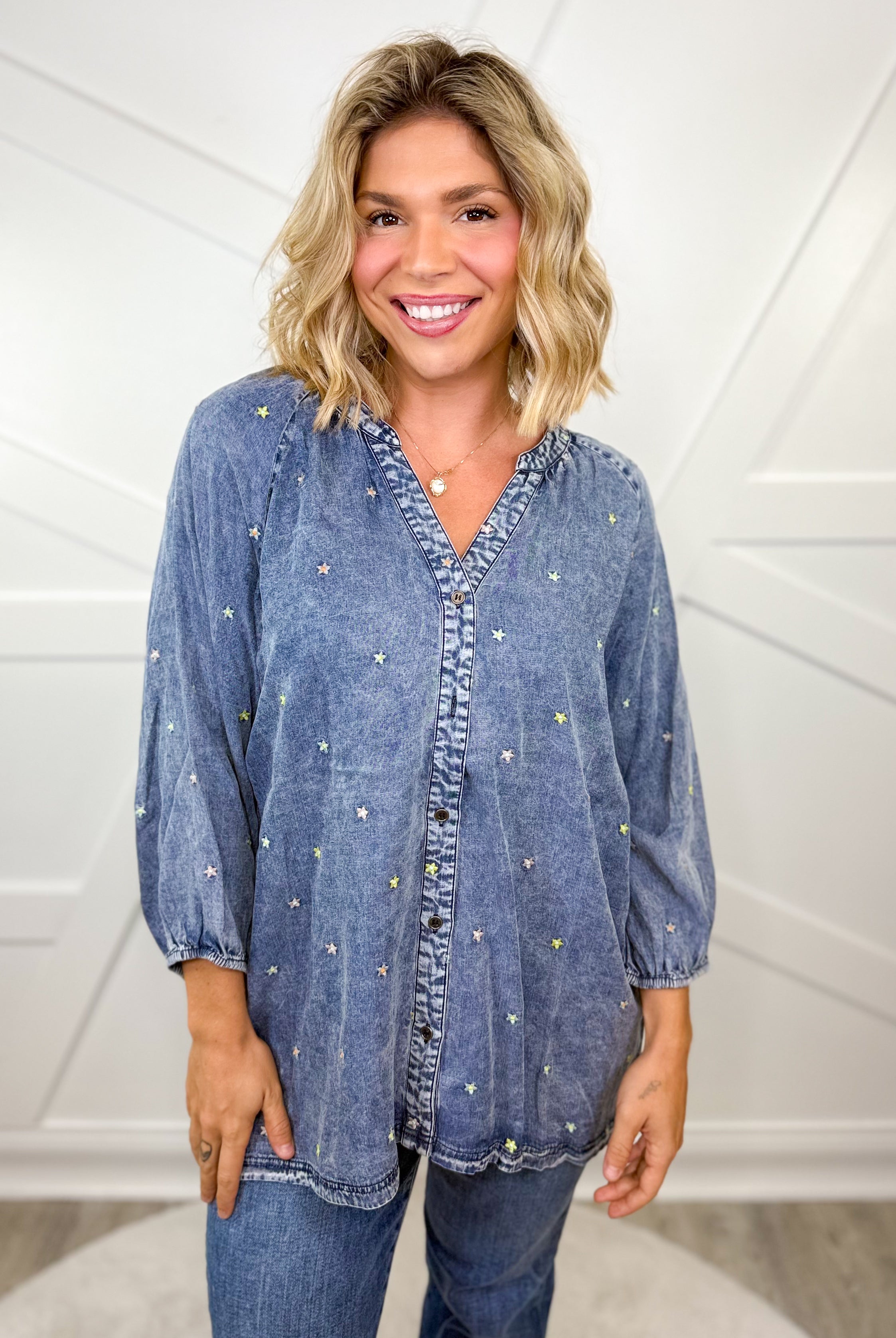 Unforgettable Chambray Top-120 Long Sleeve Tops-SEW IN LOVE-Heathered Boho Boutique, Women's Fashion and Accessories in Palmetto, FL
