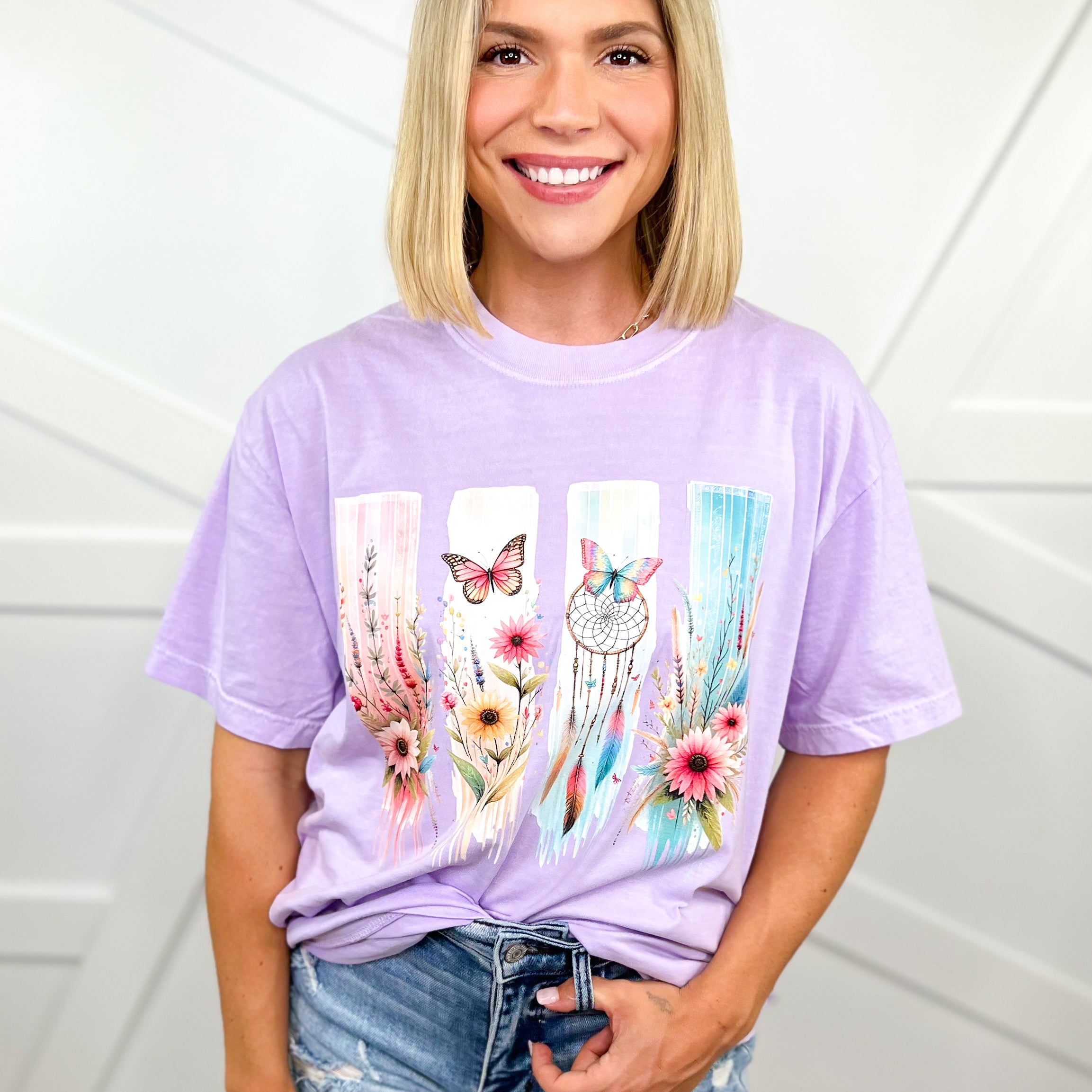 Boho Butterfly Flowers Graphic Tee - Orchid-130 Graphic Tees-Heathered Boho-Heathered Boho Boutique, Women's Fashion and Accessories in Palmetto, FL