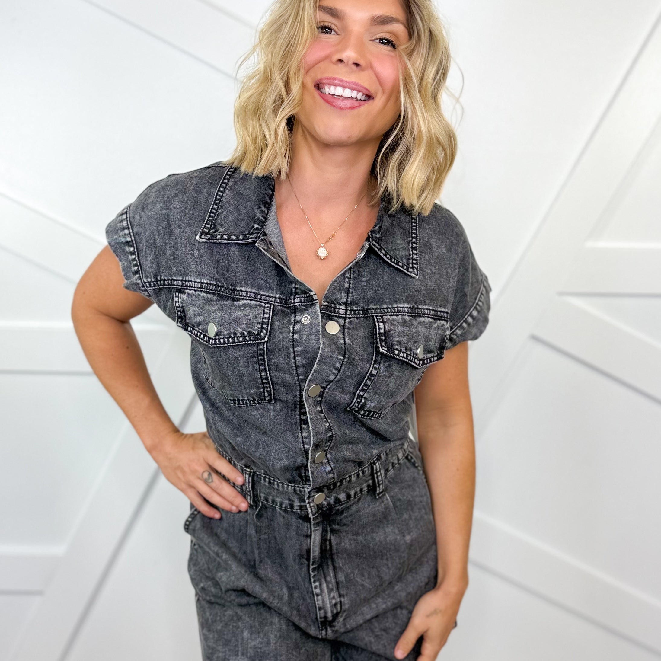 To Do List Denim Romper-230 DRESSES/JUMPSUITS/ROMPERS-Sweet Generis-Heathered Boho Boutique, Women's Fashion and Accessories in Palmetto, FL