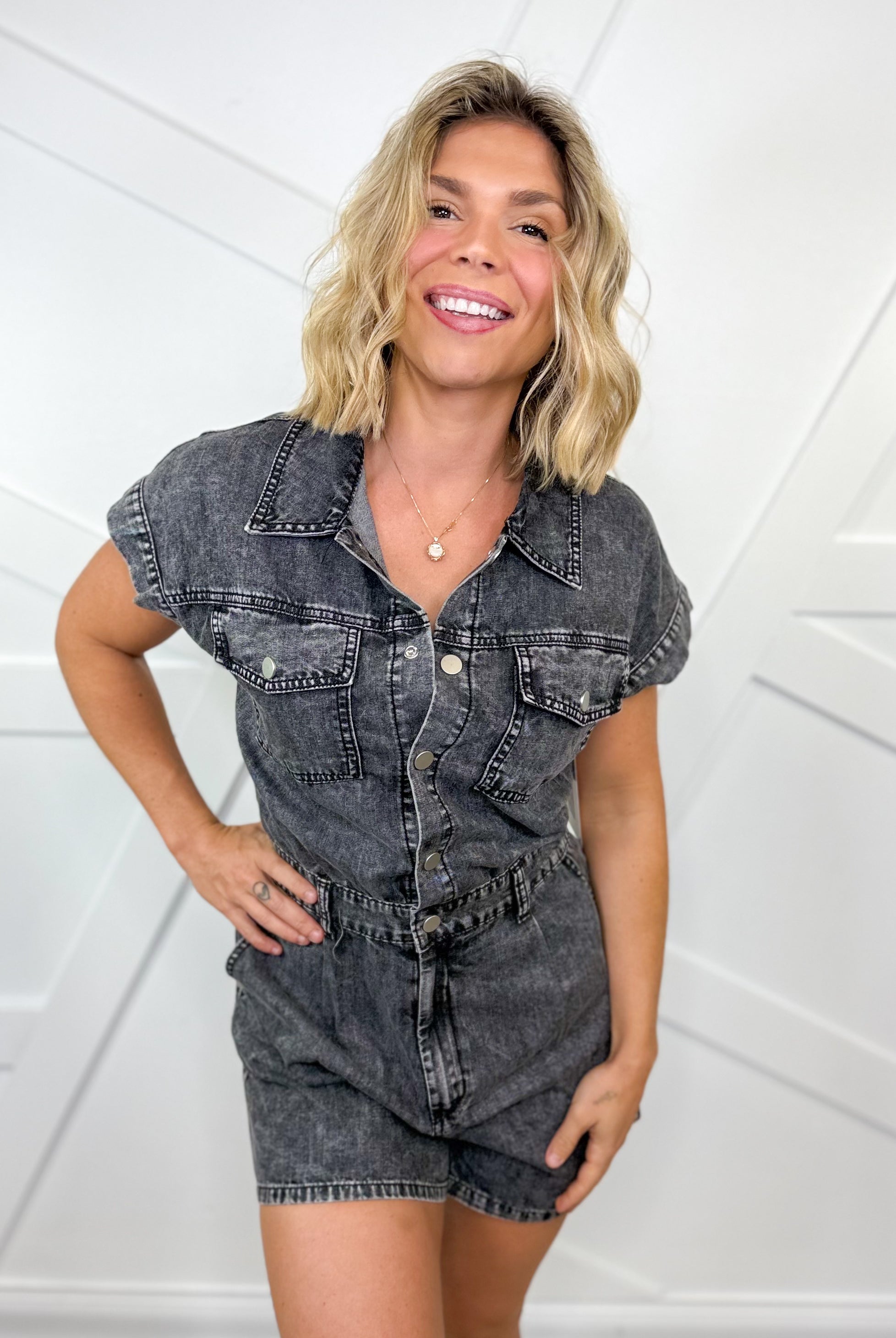 To Do List Denim Romper-230 DRESSES/JUMPSUITS/ROMPERS-Sweet Generis-Heathered Boho Boutique, Women's Fashion and Accessories in Palmetto, FL