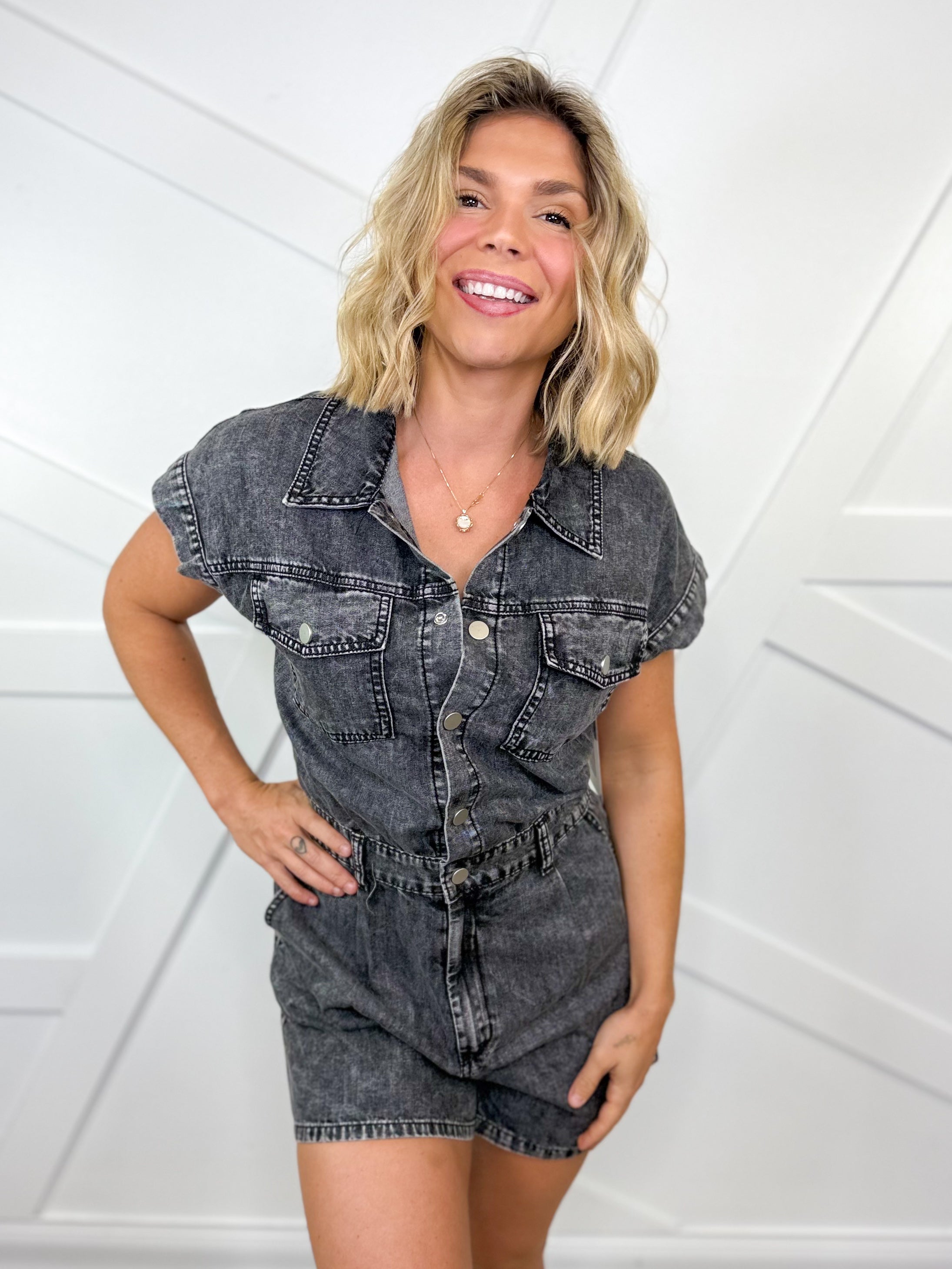 To Do List Denim Romper-230 DRESSES/JUMPSUITS/ROMPERS-Sweet Generis-Heathered Boho Boutique, Women's Fashion and Accessories in Palmetto, FL