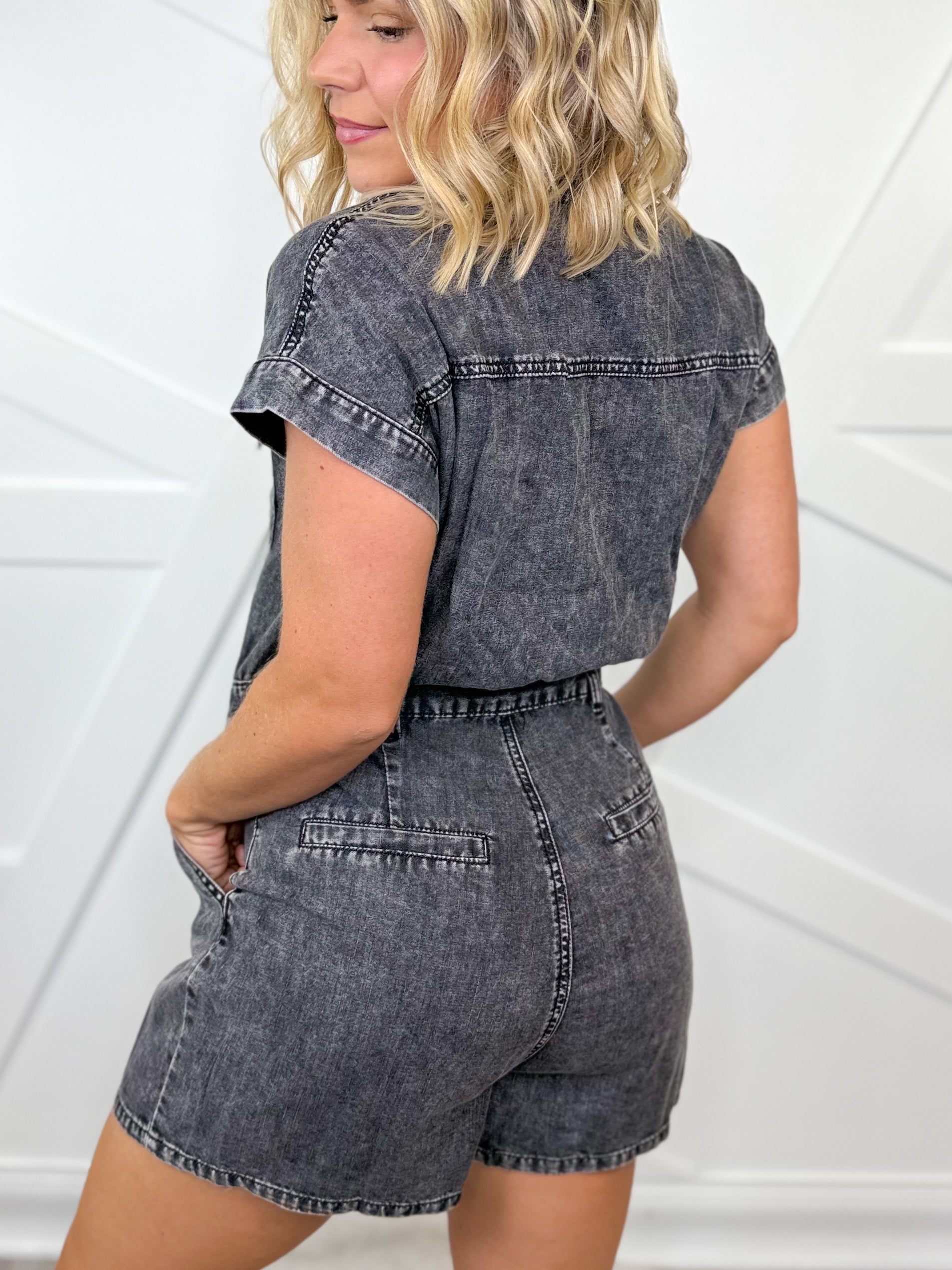 To Do List Denim Romper-230 DRESSES/JUMPSUITS/ROMPERS-Sweet Generis-Heathered Boho Boutique, Women's Fashion and Accessories in Palmetto, FL