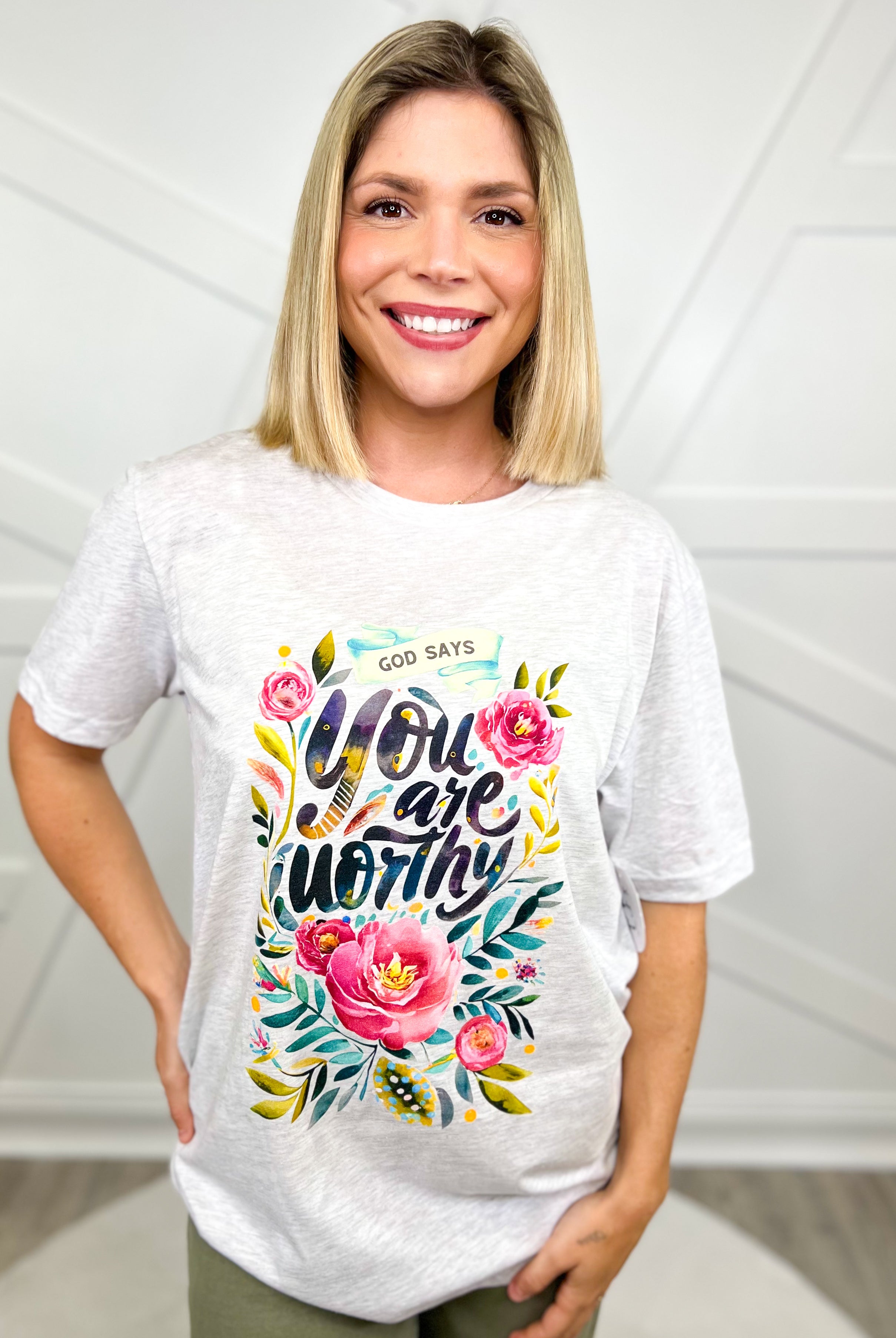 You Are Worthy Graphic Tee-130 Graphic Tees-Heathered Boho-Heathered Boho Boutique, Women's Fashion and Accessories in Palmetto, FL