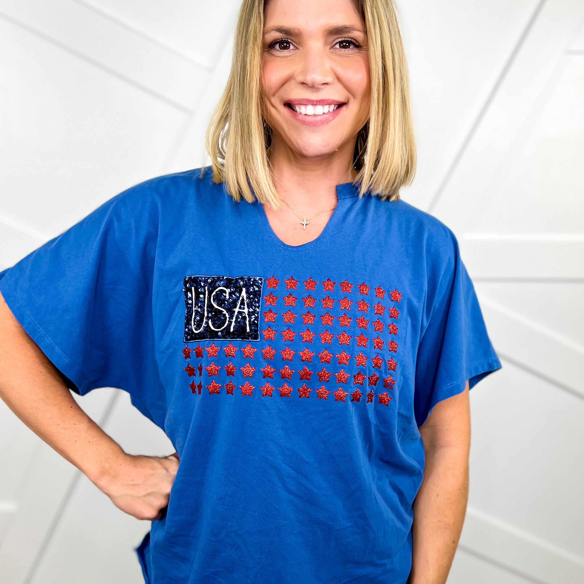 Restock: Liberty Flag Top-110 Short Sleeve Top-Southern Grace-Heathered Boho Boutique, Women's Fashion and Accessories in Palmetto, FL