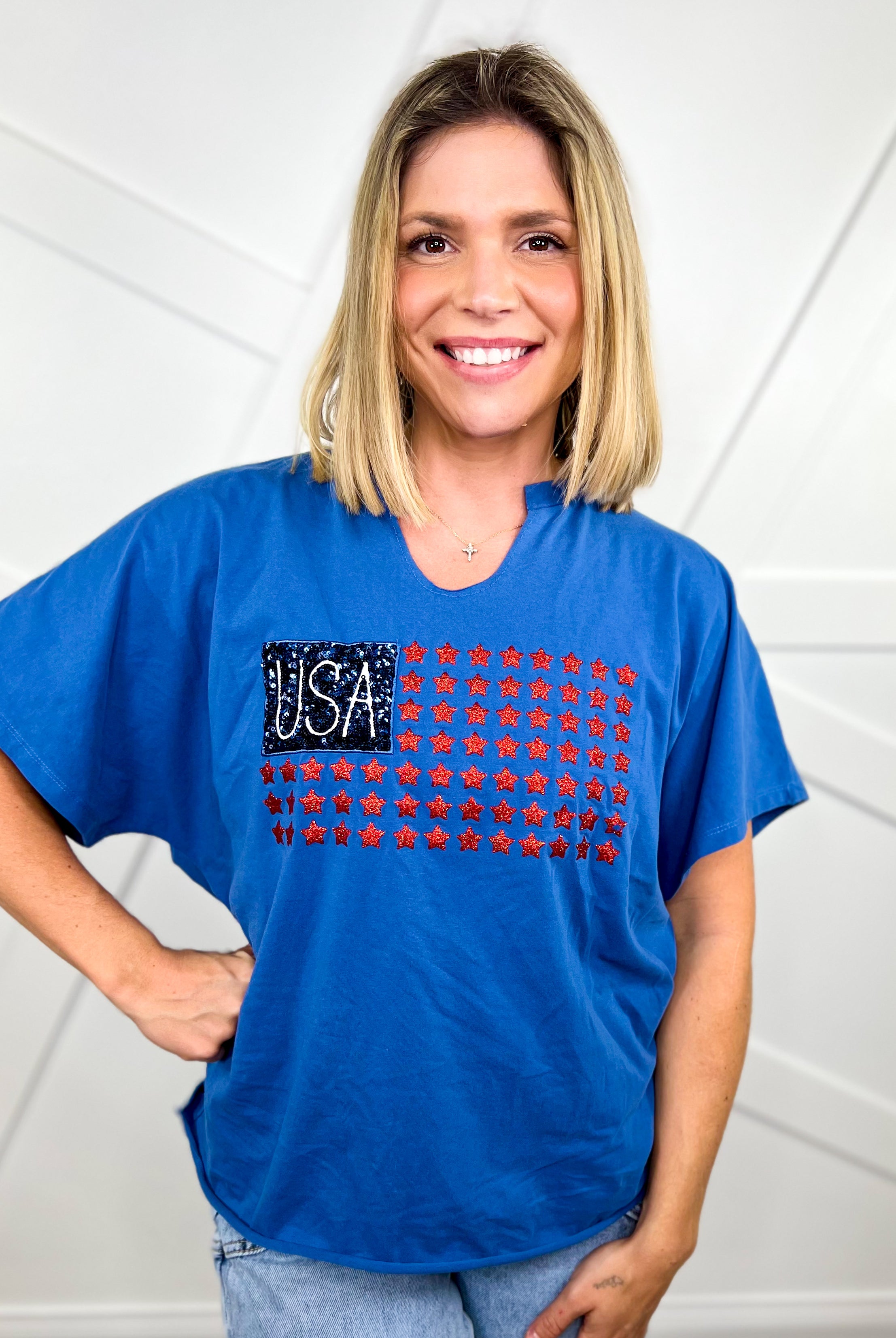 Restock: Liberty Flag Top-110 Short Sleeve Top-Southern Grace-Heathered Boho Boutique, Women's Fashion and Accessories in Palmetto, FL