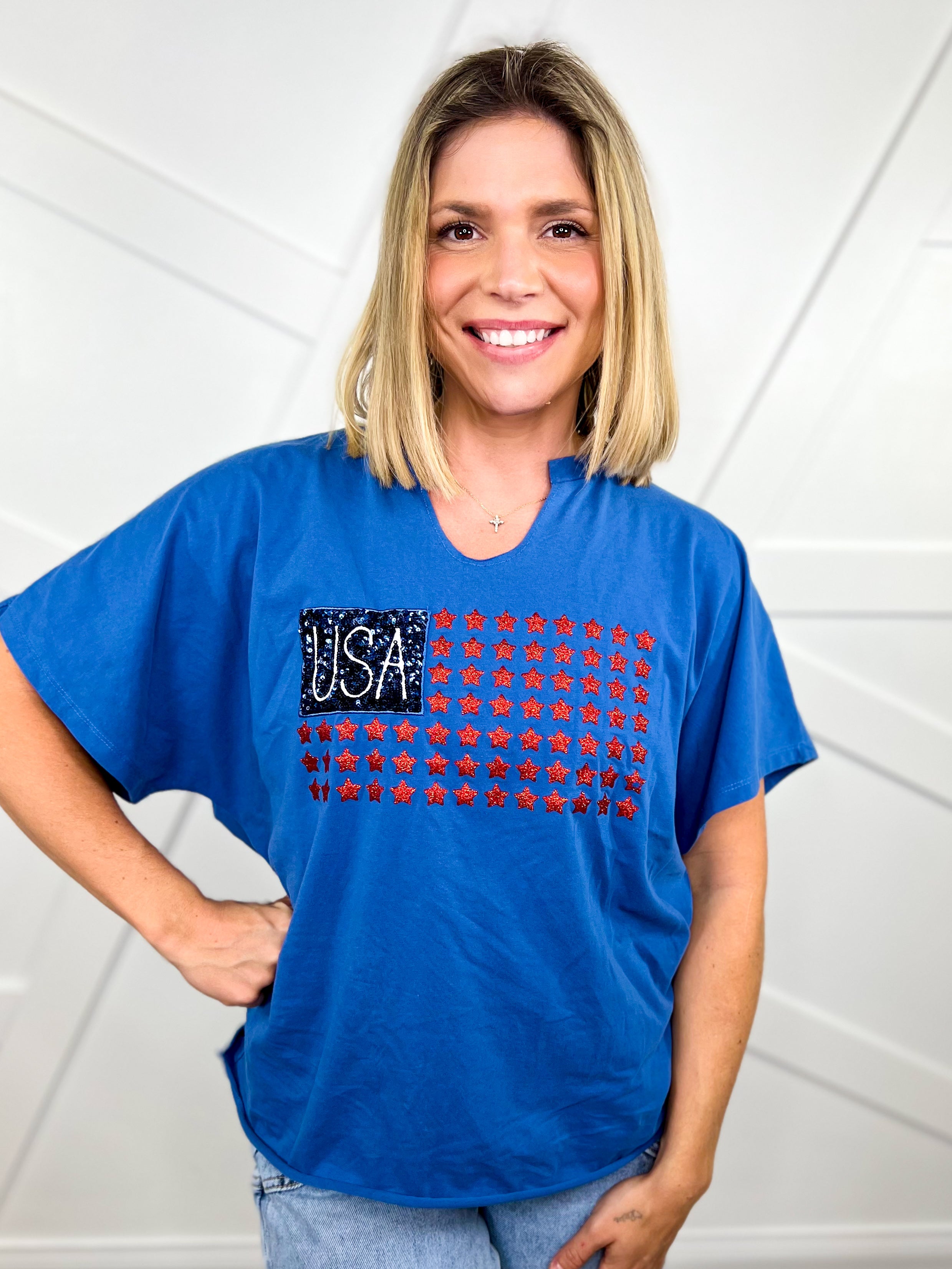 Restock: Liberty Flag Top-110 Short Sleeve Top-Southern Grace-Heathered Boho Boutique, Women's Fashion and Accessories in Palmetto, FL