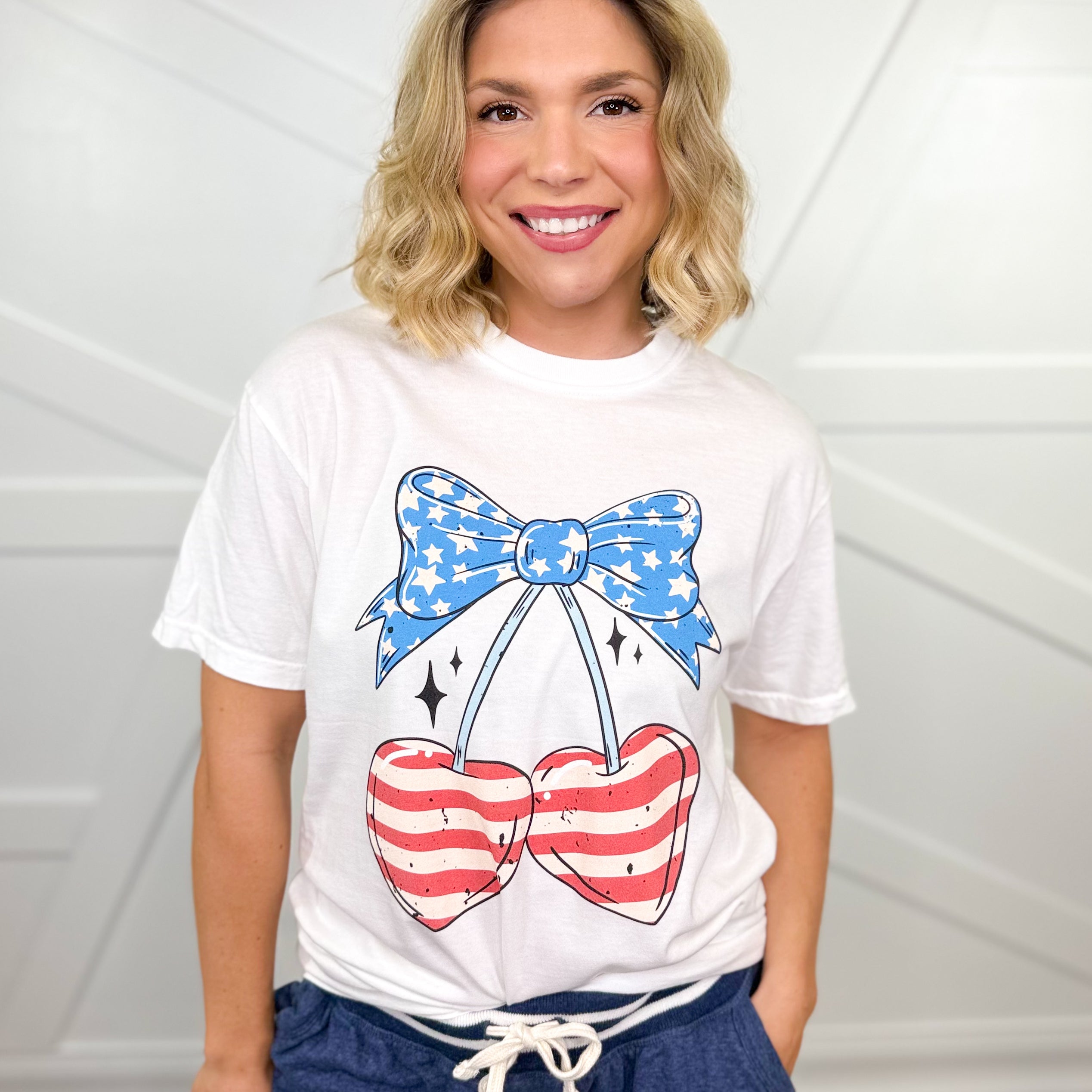 Patriotic Cherry Graphic Tee-130 Graphic Tees-Heathered Boho-Heathered Boho Boutique, Women's Fashion and Accessories in Palmetto, FL