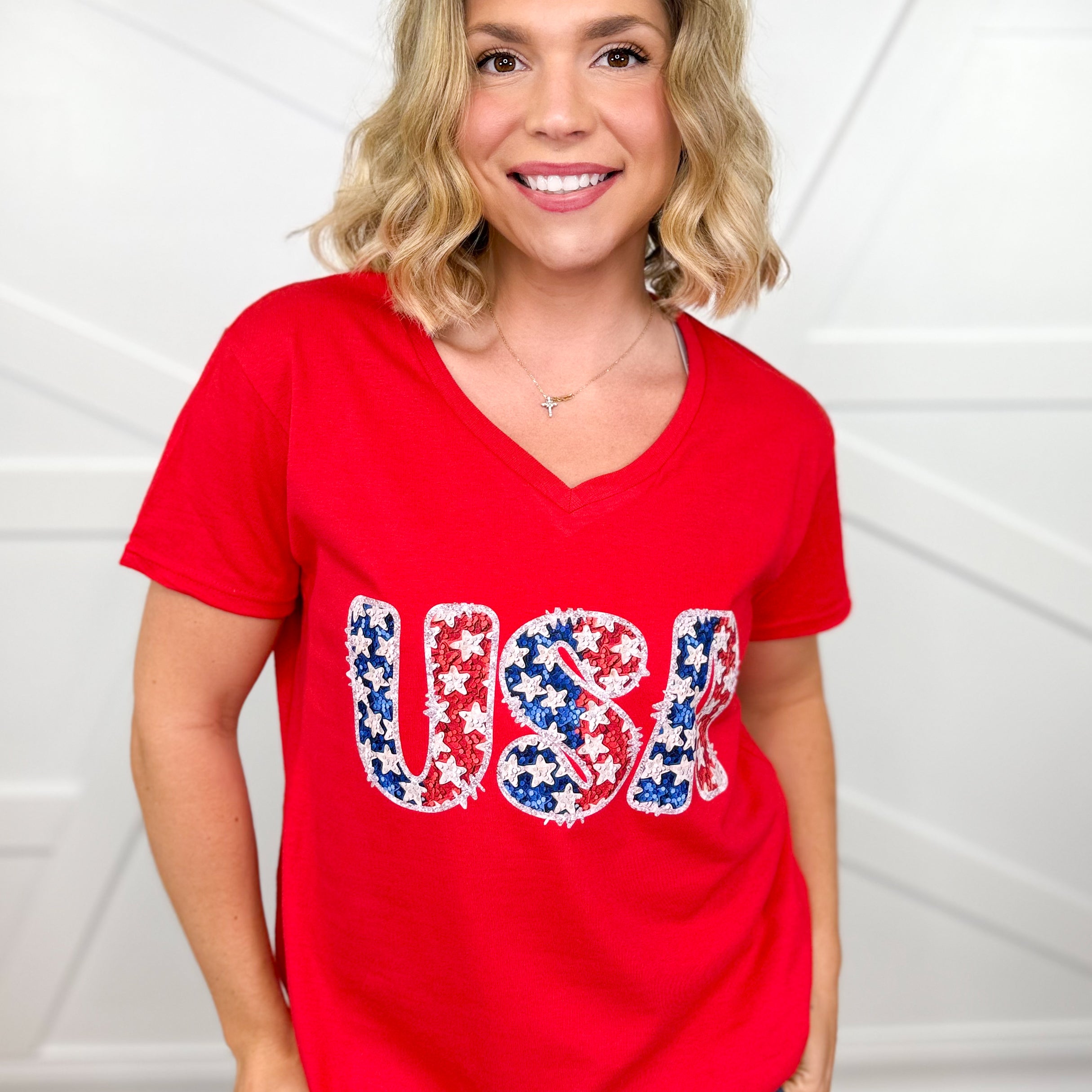 Sparkly USA Graphic V-Neck Tee-130 Graphic Tees-Heathered Boho-Heathered Boho Boutique, Women's Fashion and Accessories in Palmetto, FL