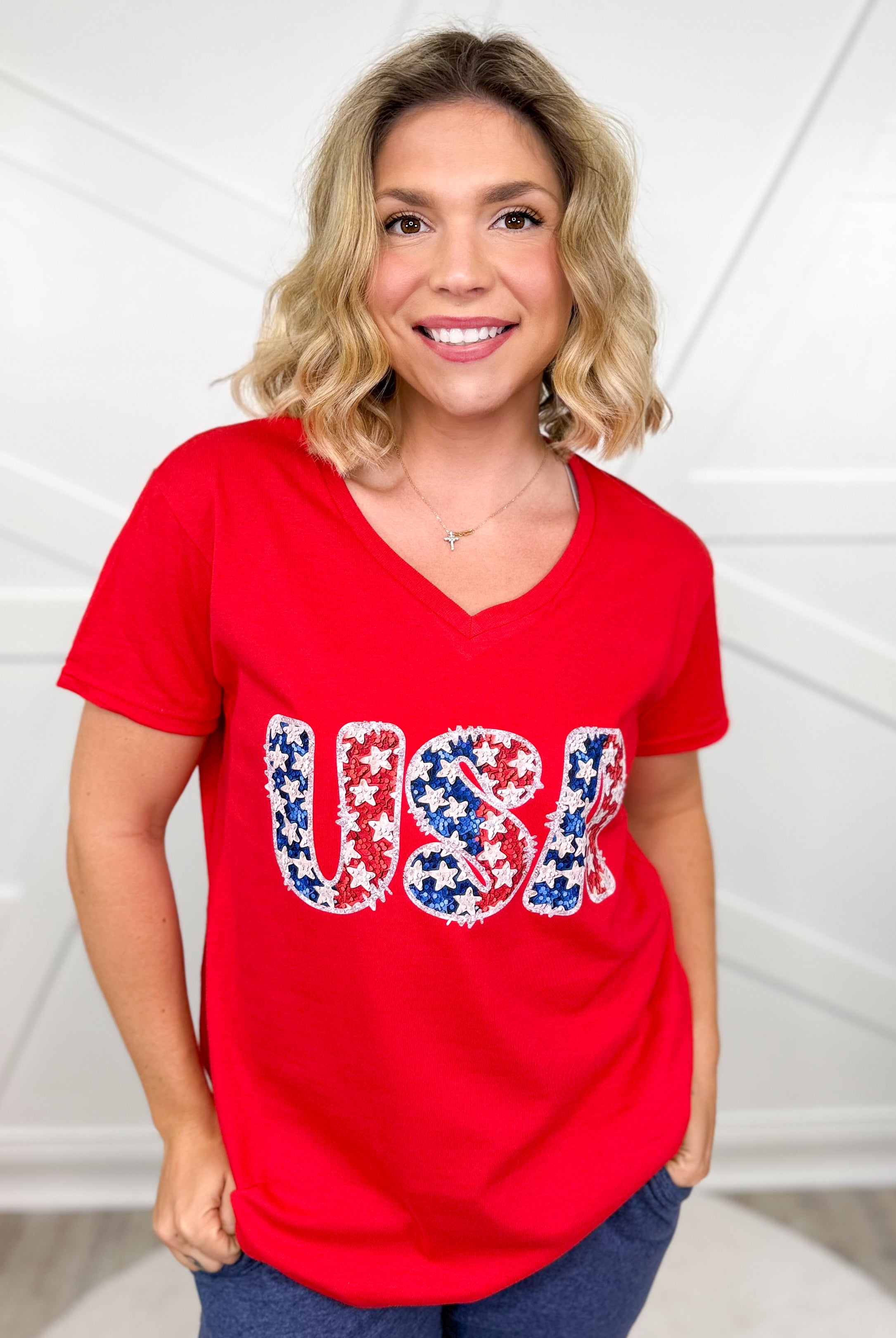 Sparkly USA Graphic V-Neck Tee-130 Graphic Tees-Heathered Boho-Heathered Boho Boutique, Women's Fashion and Accessories in Palmetto, FL