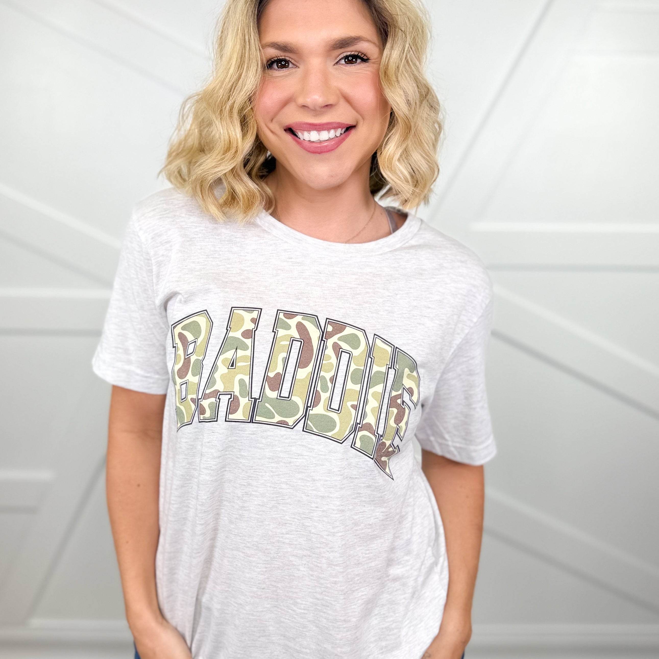 Camo BADDIE Graphic Tee-130 Graphic Tees-Heathered Boho-Heathered Boho Boutique, Women's Fashion and Accessories in Palmetto, FL