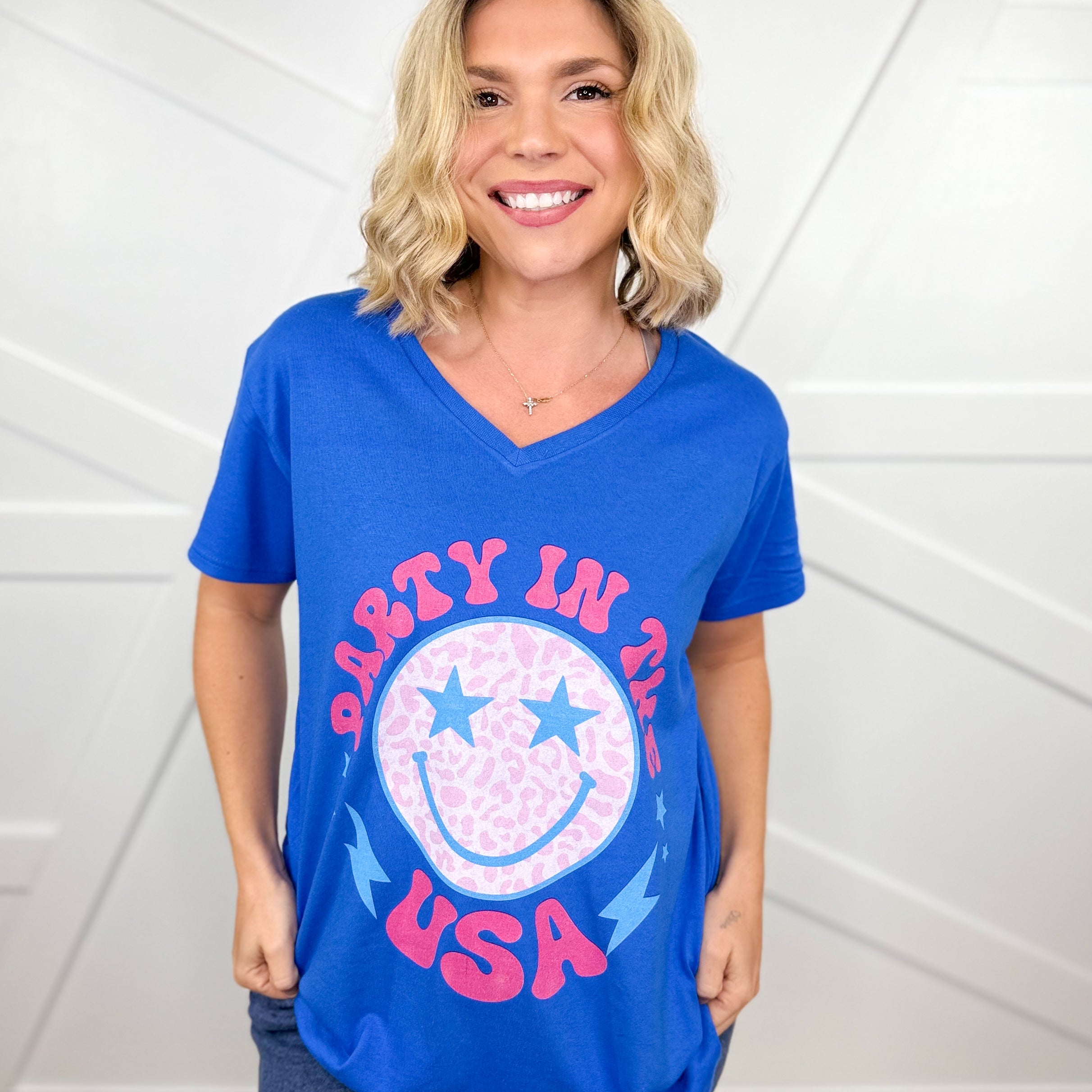Party In The USA Graphic V-Neck Tee - Blue-130 Graphic Tees-Heathered Boho-Heathered Boho Boutique, Women's Fashion and Accessories in Palmetto, FL