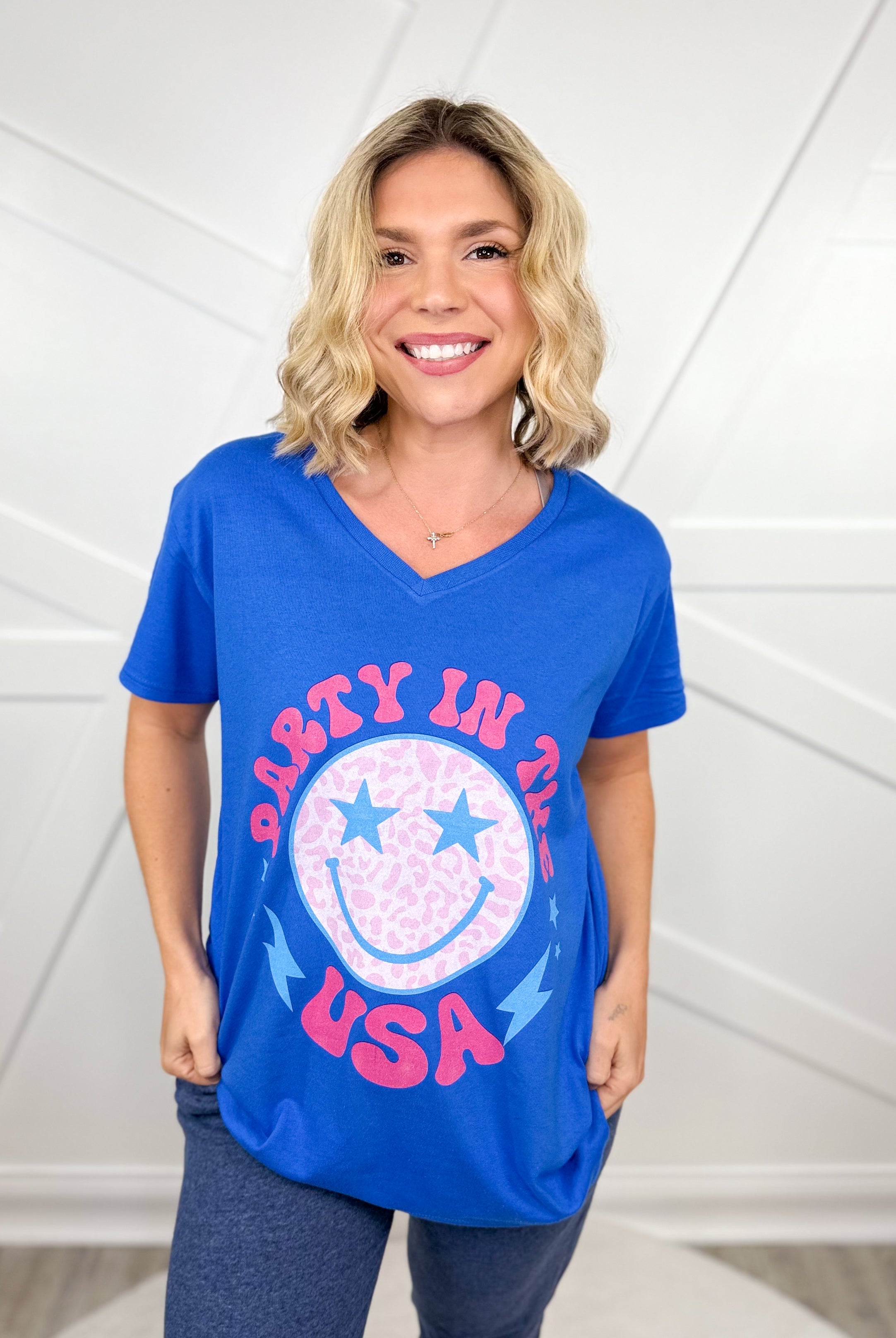 Party In The USA Graphic V-Neck Tee - Blue-130 Graphic Tees-Heathered Boho-Heathered Boho Boutique, Women's Fashion and Accessories in Palmetto, FL