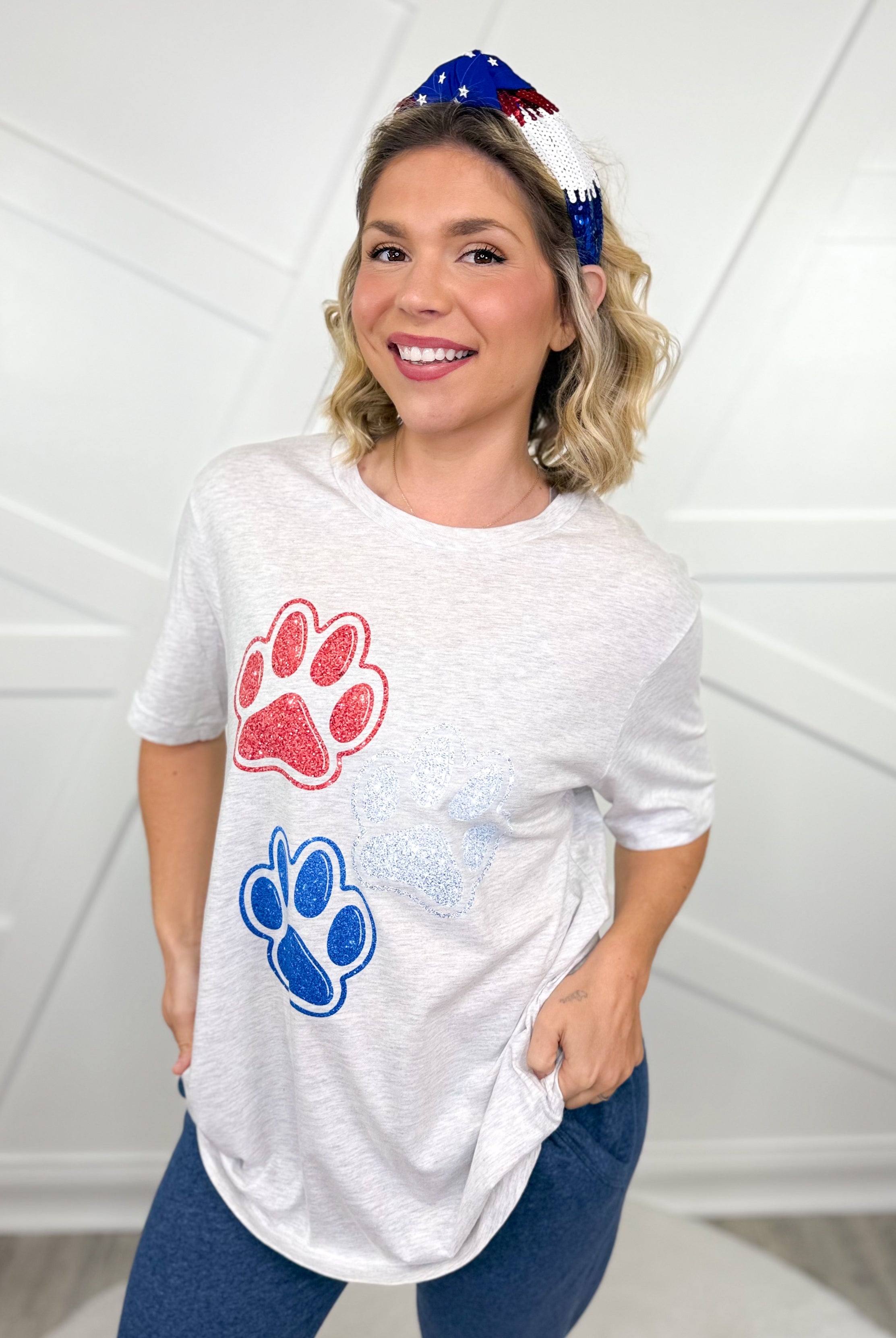 Patriotic Paw Print Graphic Tee - Ash-130 Graphic Tees-Heathered Boho-Heathered Boho Boutique, Women's Fashion and Accessories in Palmetto, FL