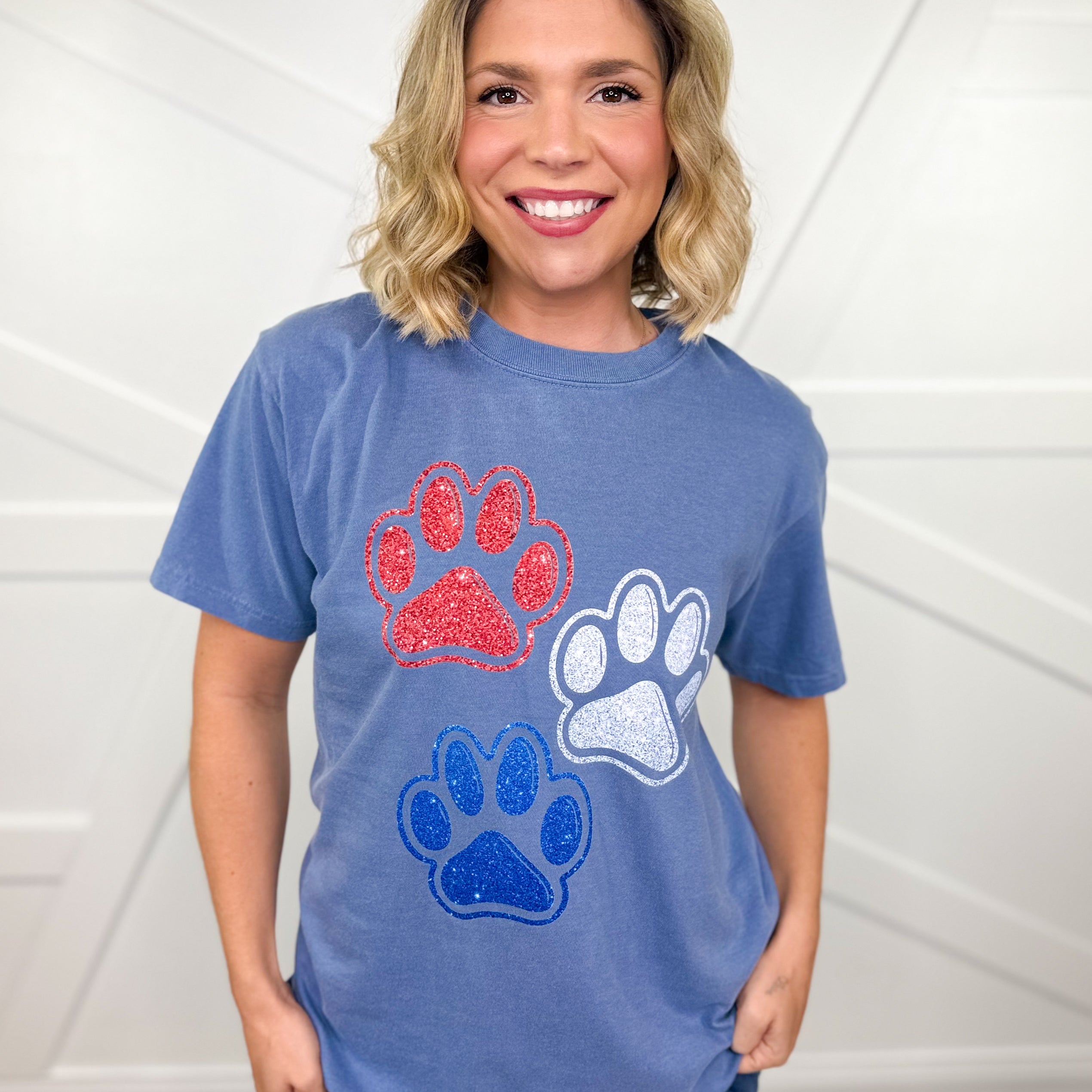Patriotic Paw Prints Graphic Tee- Blue Jean-130 Graphic Tees-Heathered Boho-Heathered Boho Boutique, Women's Fashion and Accessories in Palmetto, FL