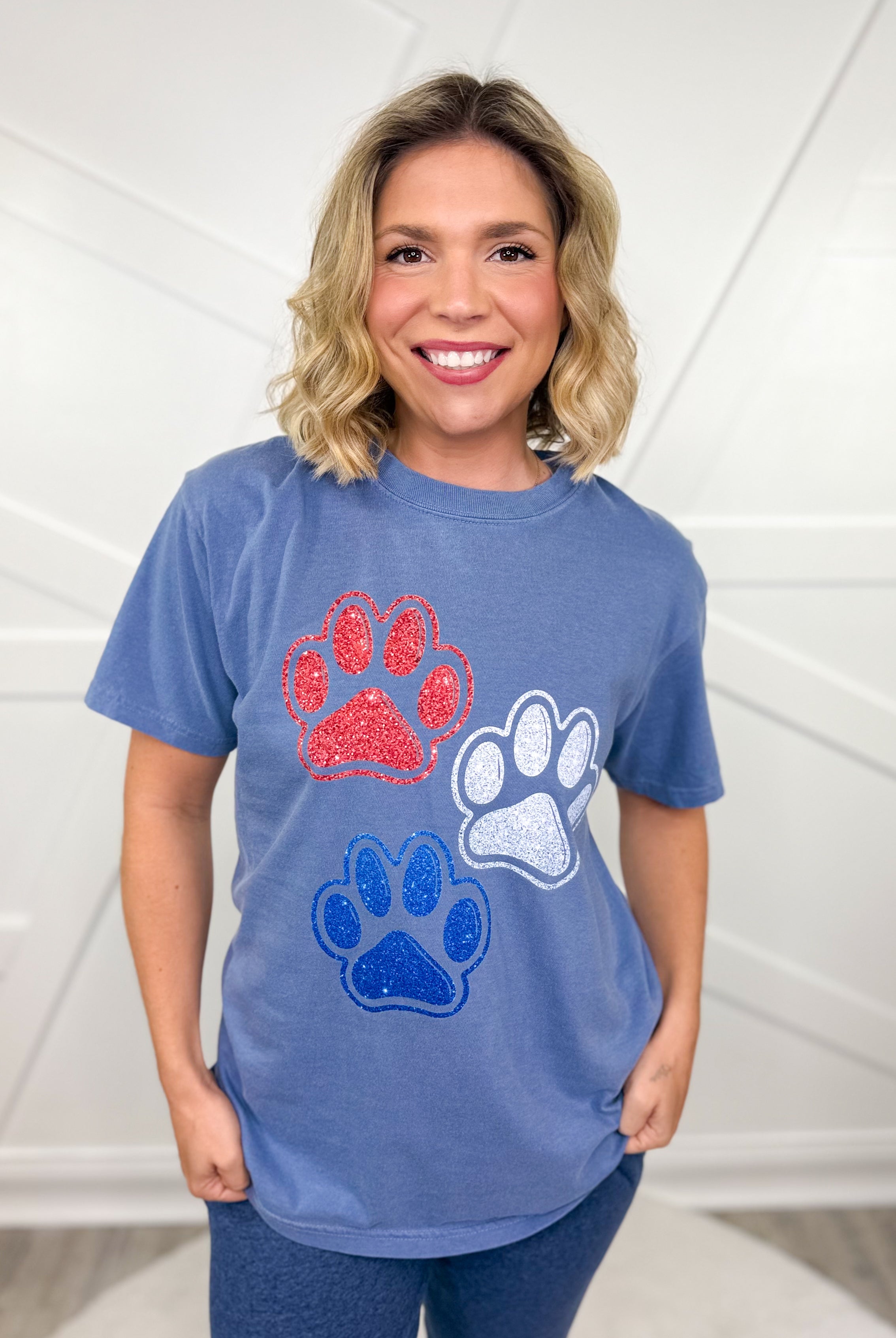 Patriotic Paw Prints Graphic Tee- Blue Jean-130 Graphic Tees-Heathered Boho-Heathered Boho Boutique, Women's Fashion and Accessories in Palmetto, FL