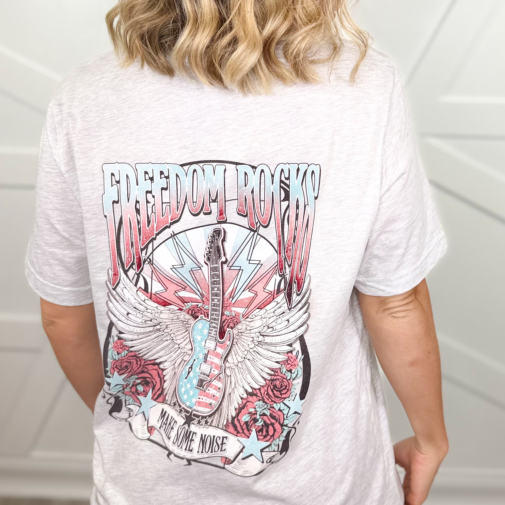 Freedom Rocks Guitar Graphic Tee-130 Graphic Tees-Heathered Boho-Heathered Boho Boutique, Women's Fashion and Accessories in Palmetto, FL