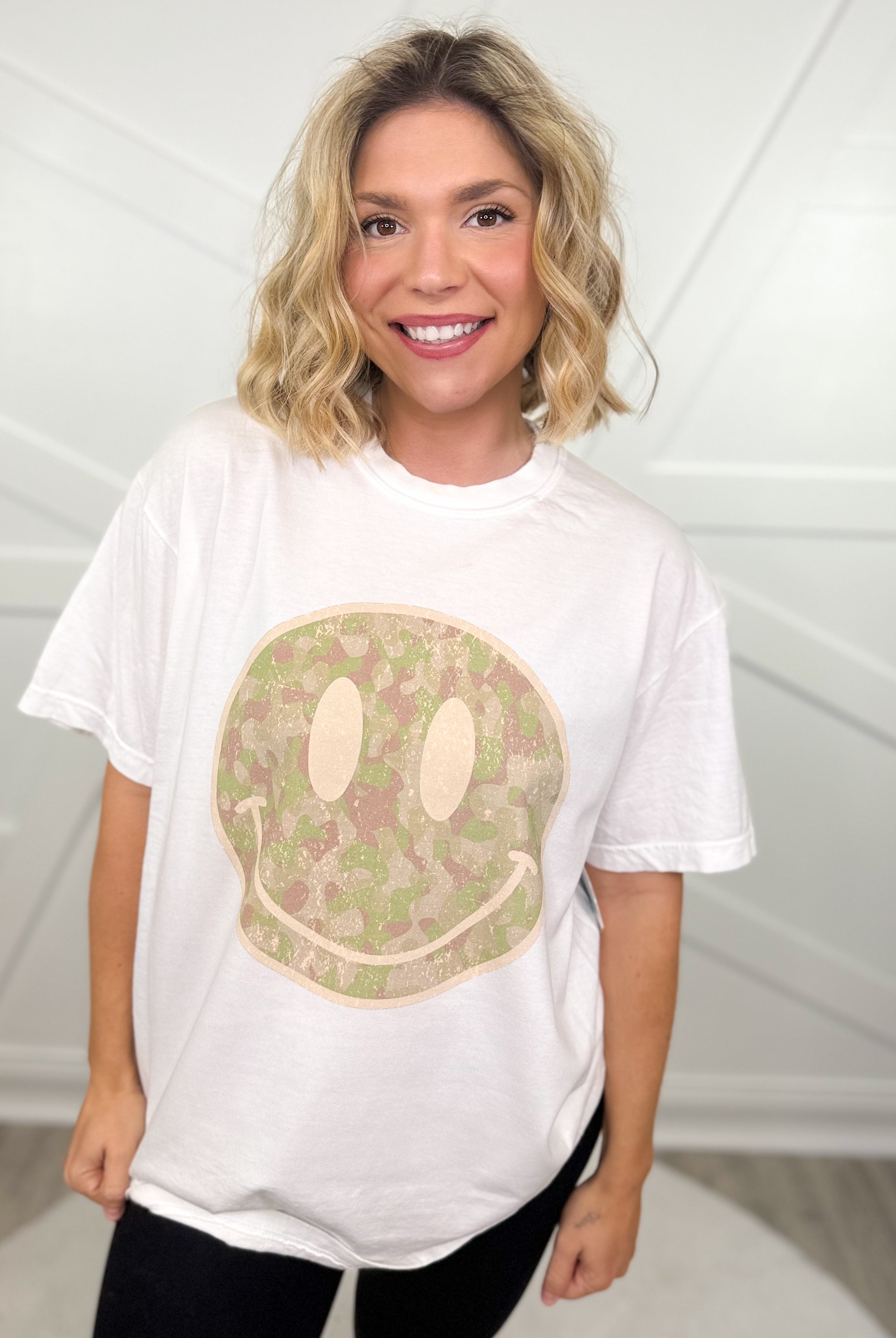 Camo Smiley Face Graphic Tee-130 Graphic Tees-Heathered Boho-Heathered Boho Boutique, Women's Fashion and Accessories in Palmetto, FL