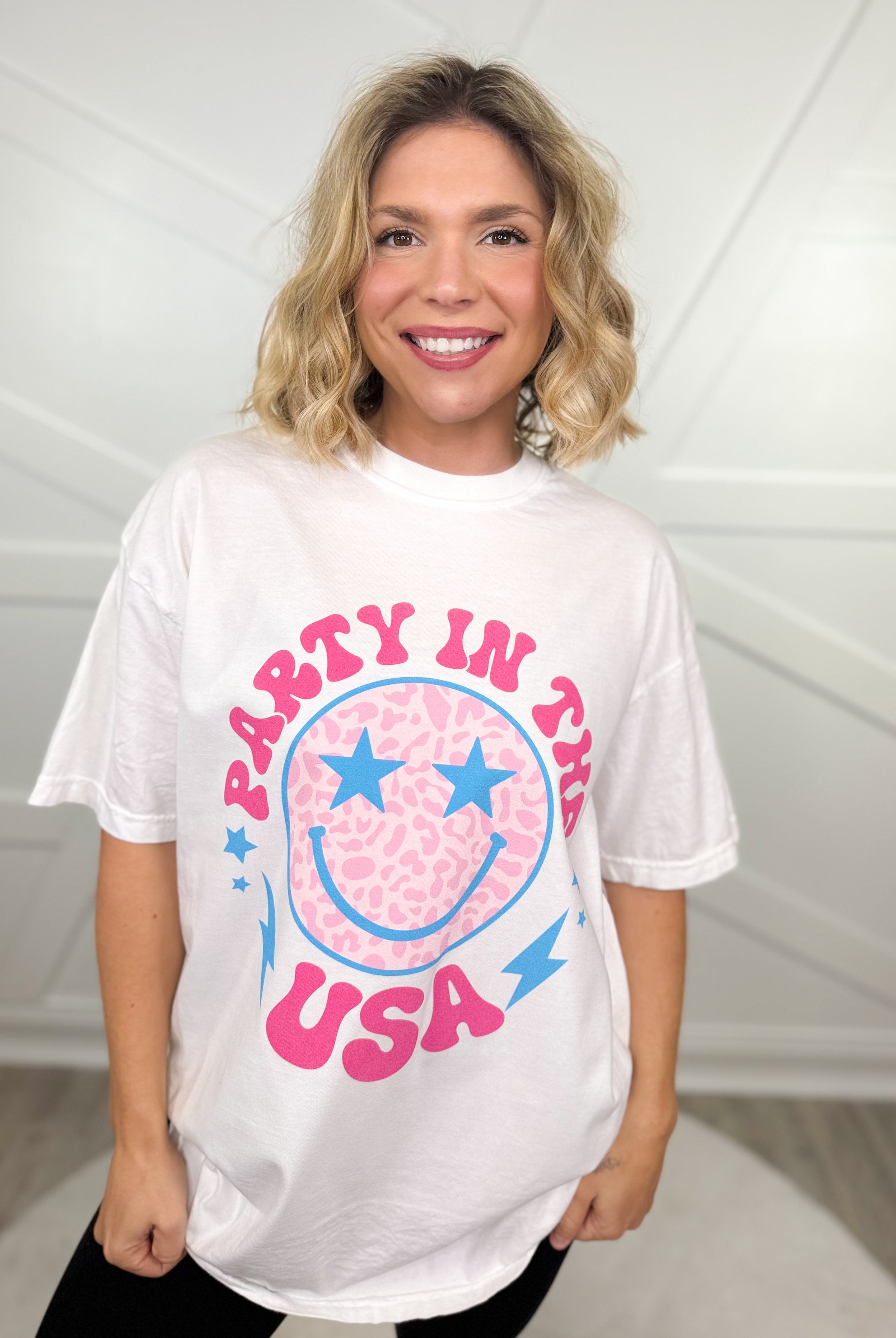 Party In The USA Smiley Face Graphic Tee-130 Graphic Tees-Heathered Boho-Heathered Boho Boutique, Women's Fashion and Accessories in Palmetto, FL