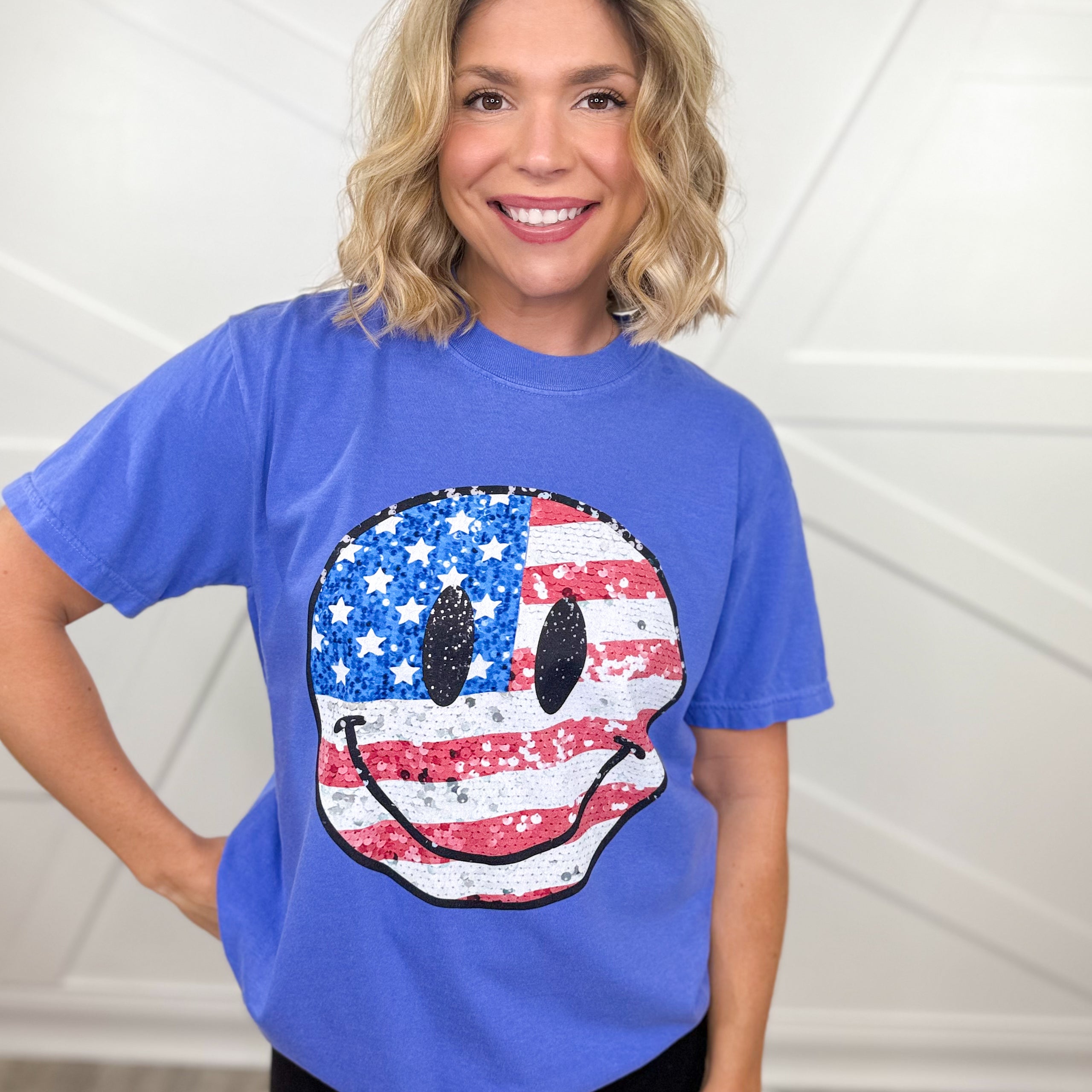 Sequin Flag Smiley Face Graphic Tee-130 Graphic Tees-Heathered Boho-Heathered Boho Boutique, Women's Fashion and Accessories in Palmetto, FL