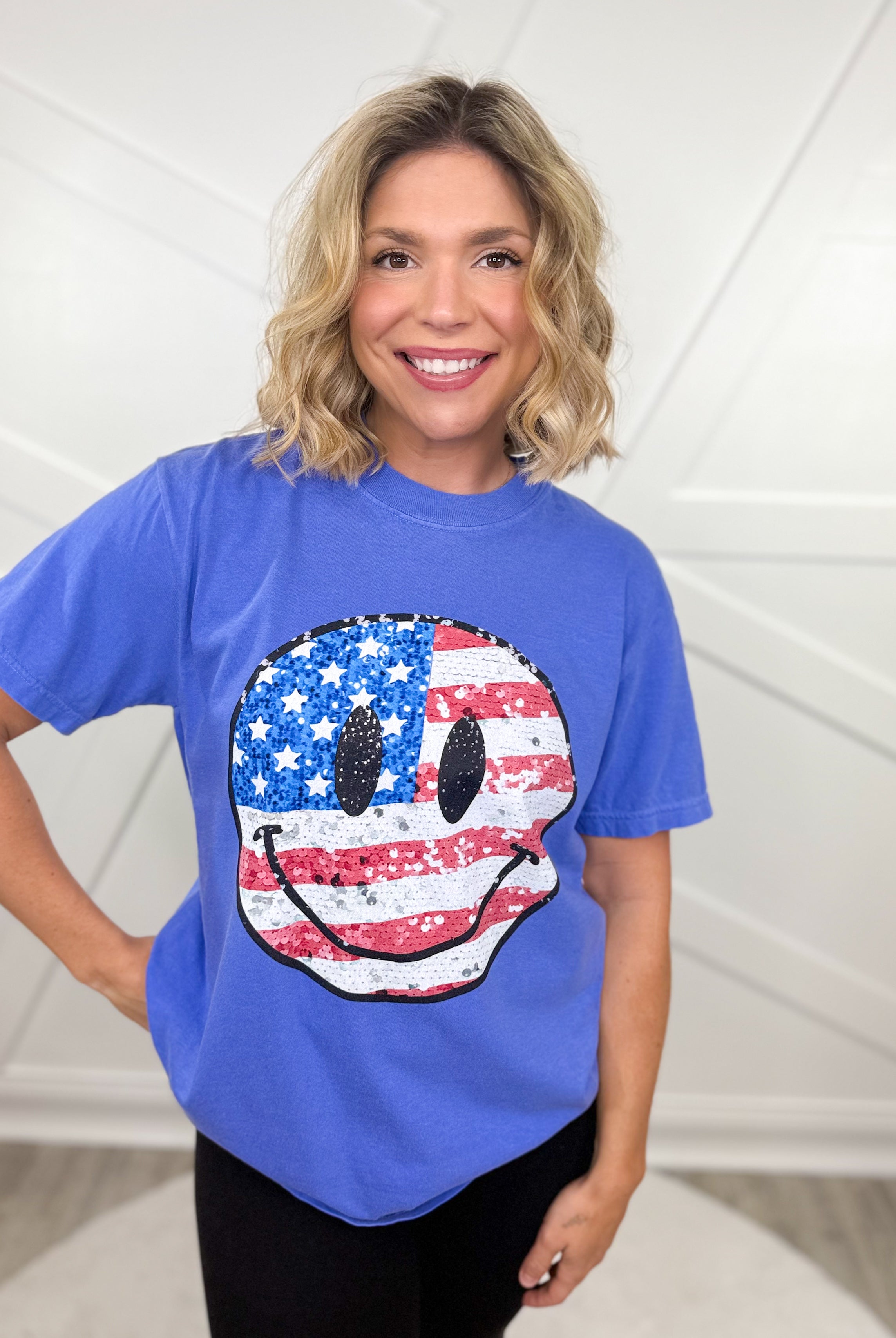 Sequin Flag Smiley Face Graphic Tee-130 Graphic Tees-Heathered Boho-Heathered Boho Boutique, Women's Fashion and Accessories in Palmetto, FL