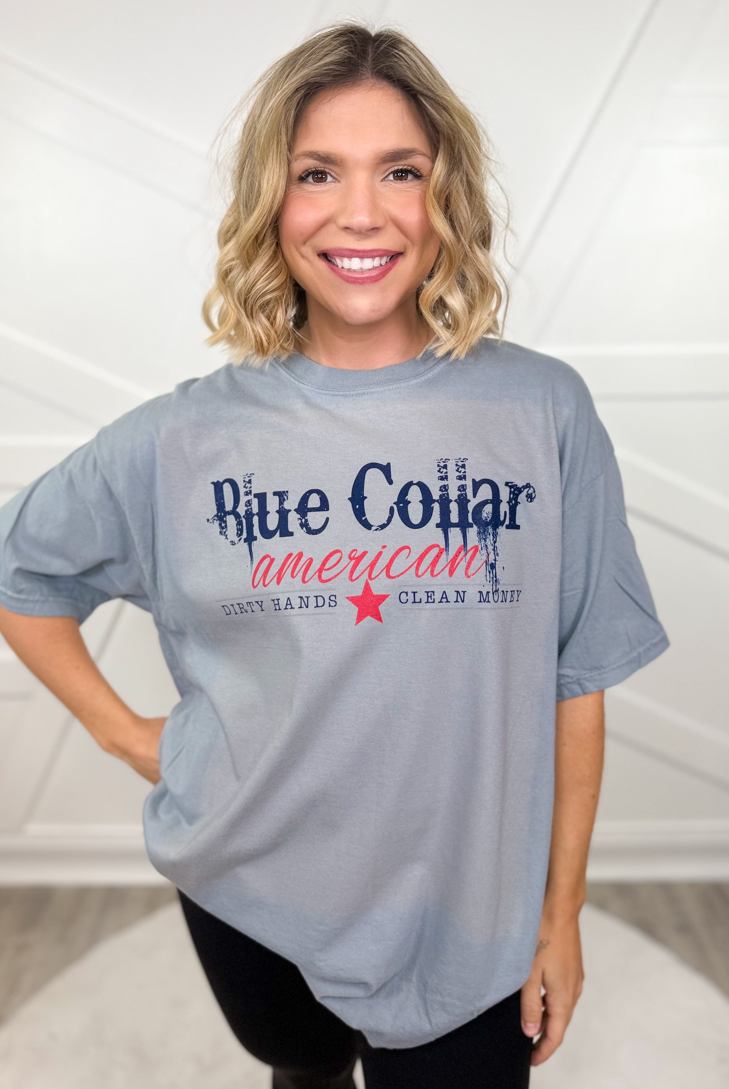 Blue Collar American Graphic Tee-130 Graphic Tees-Heathered Boho-Heathered Boho Boutique, Women's Fashion and Accessories in Palmetto, FL