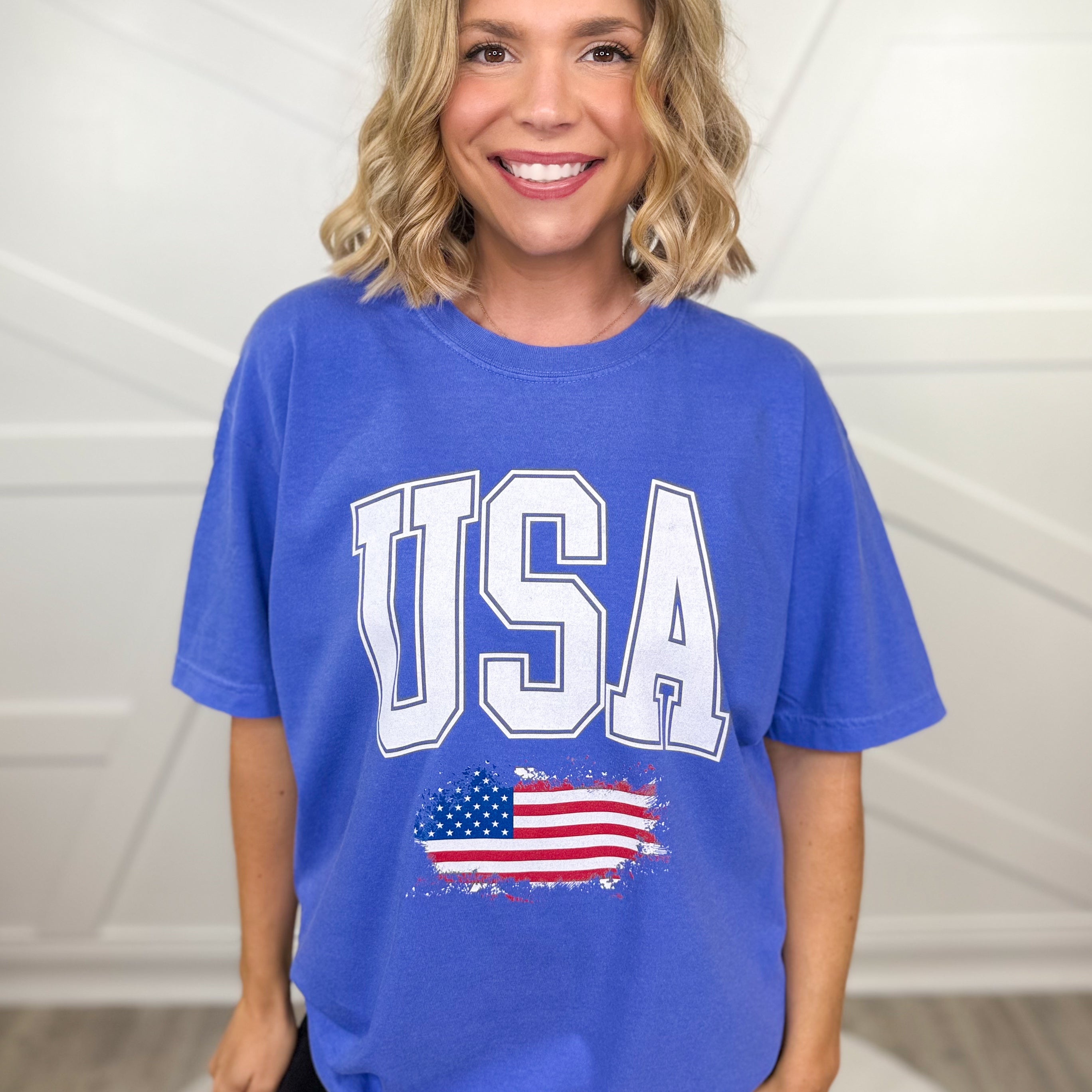 USA Peeking Flag Graphic Tee - Flo Blue-130 Graphic Tees-Heathered Boho-Heathered Boho Boutique, Women's Fashion and Accessories in Palmetto, FL