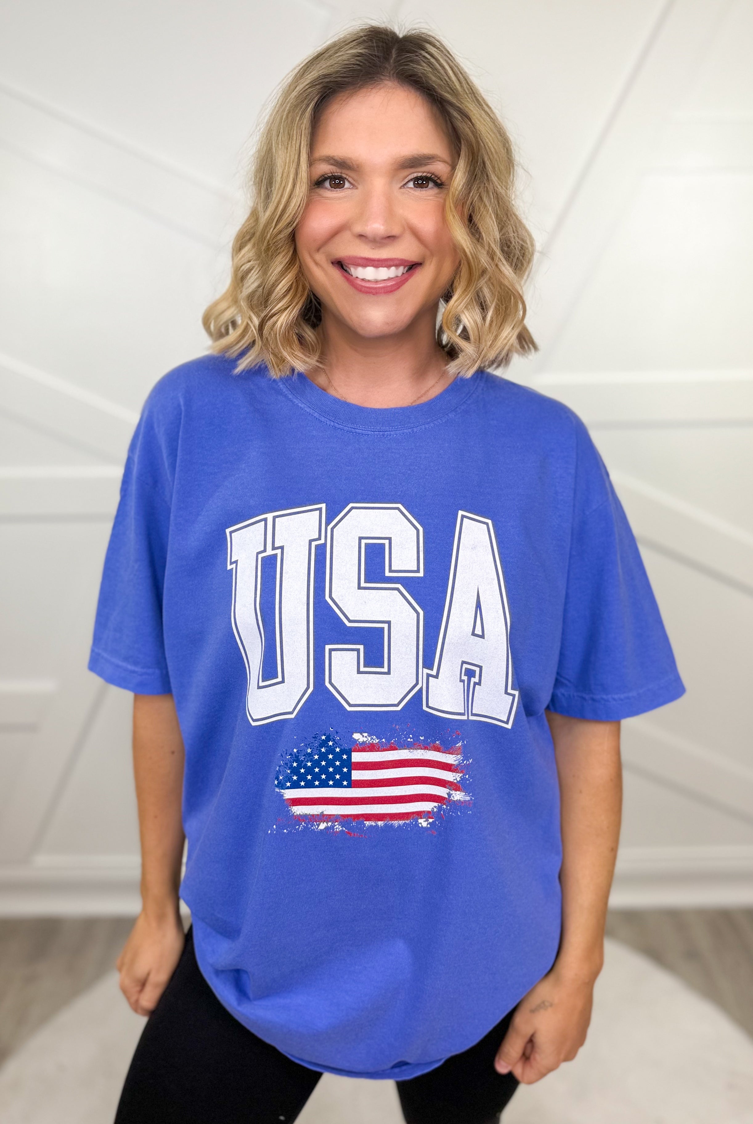 USA Peeking Flag Graphic Tee - Flo Blue-130 Graphic Tees-Heathered Boho-Heathered Boho Boutique, Women's Fashion and Accessories in Palmetto, FL