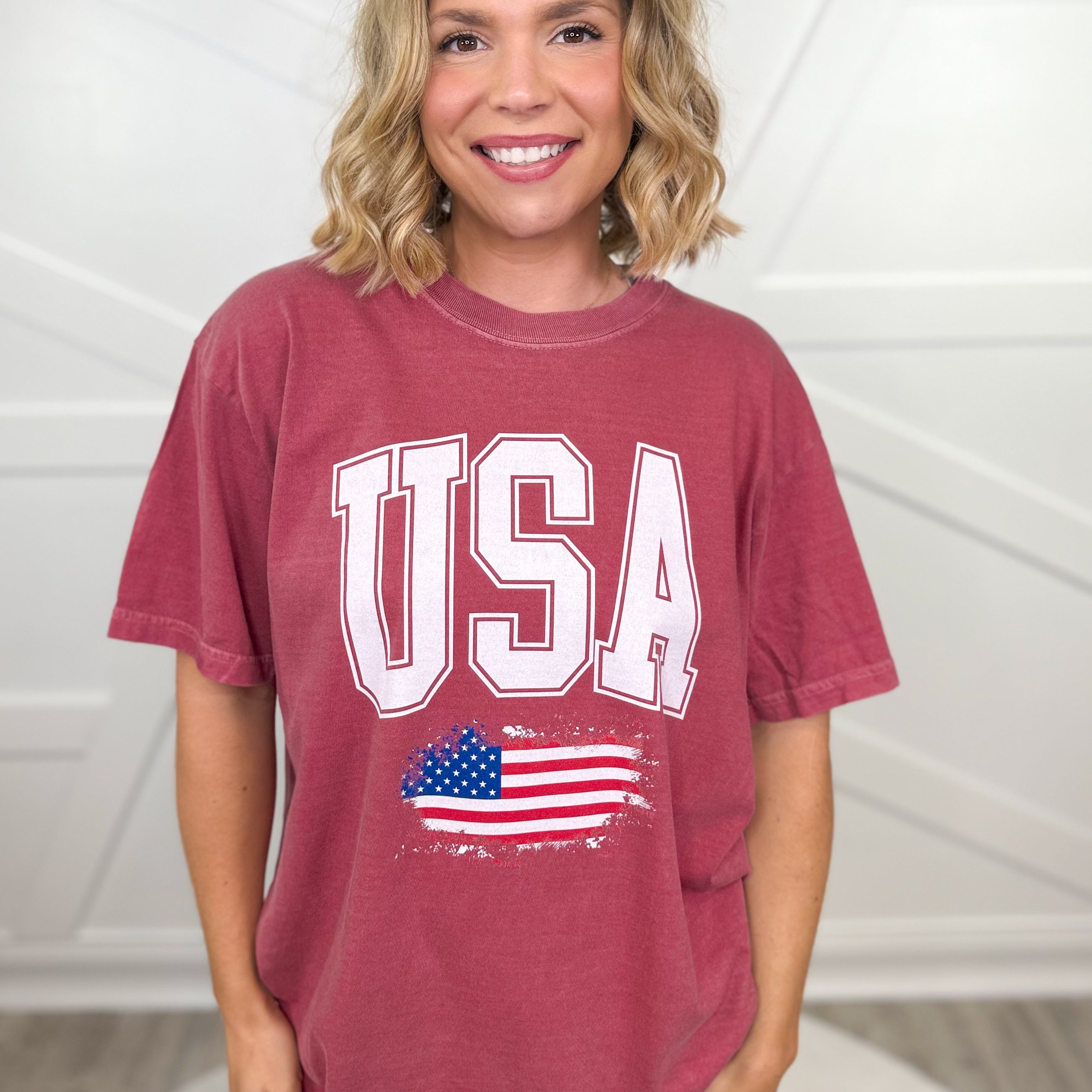 USA Peeking Flag Graphic Tee - Brick-130 Graphic Tees-Heathered Boho-Heathered Boho Boutique, Women's Fashion and Accessories in Palmetto, FL