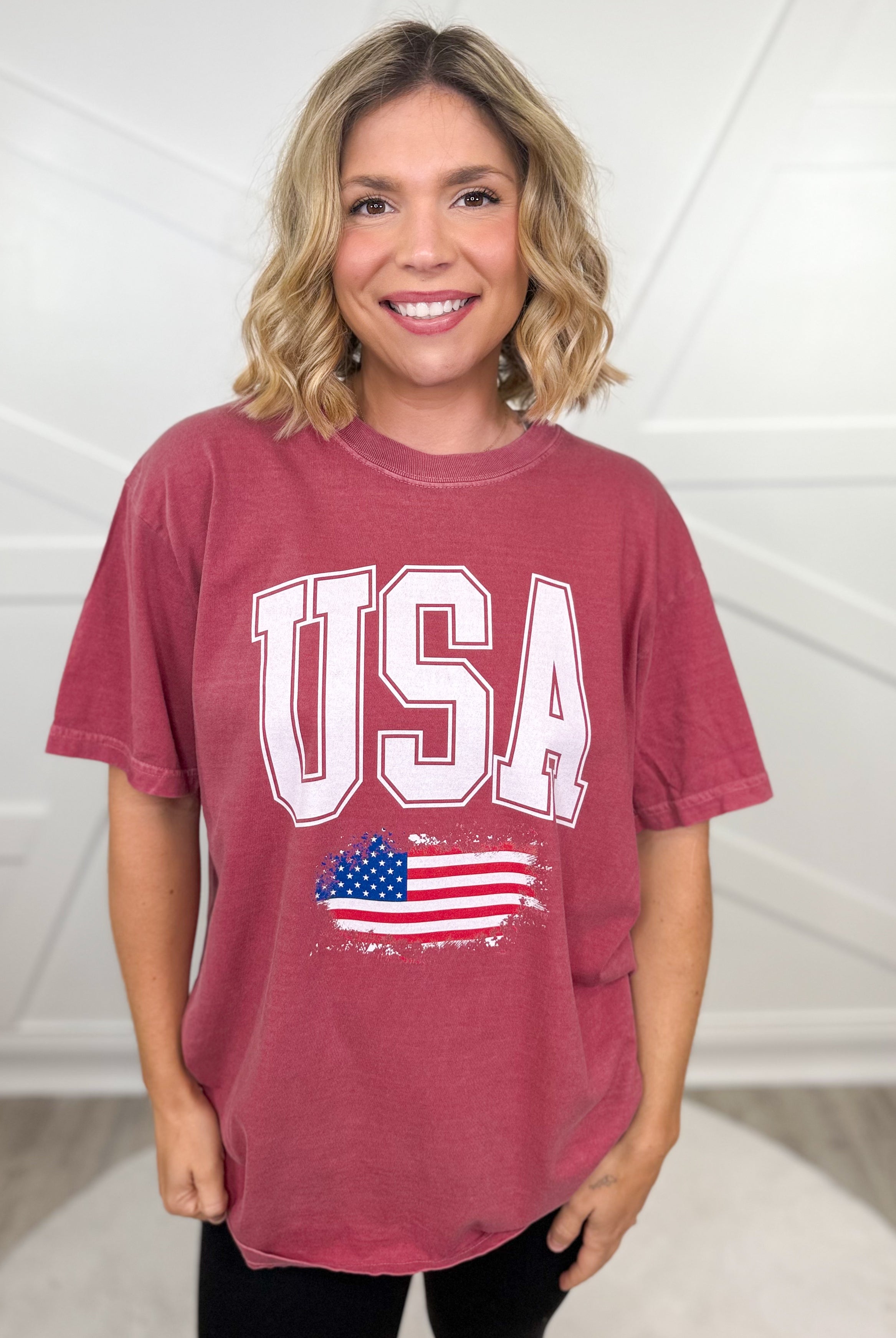 USA Peeking Flag Graphic Tee - Brick-130 Graphic Tees-Heathered Boho-Heathered Boho Boutique, Women's Fashion and Accessories in Palmetto, FL