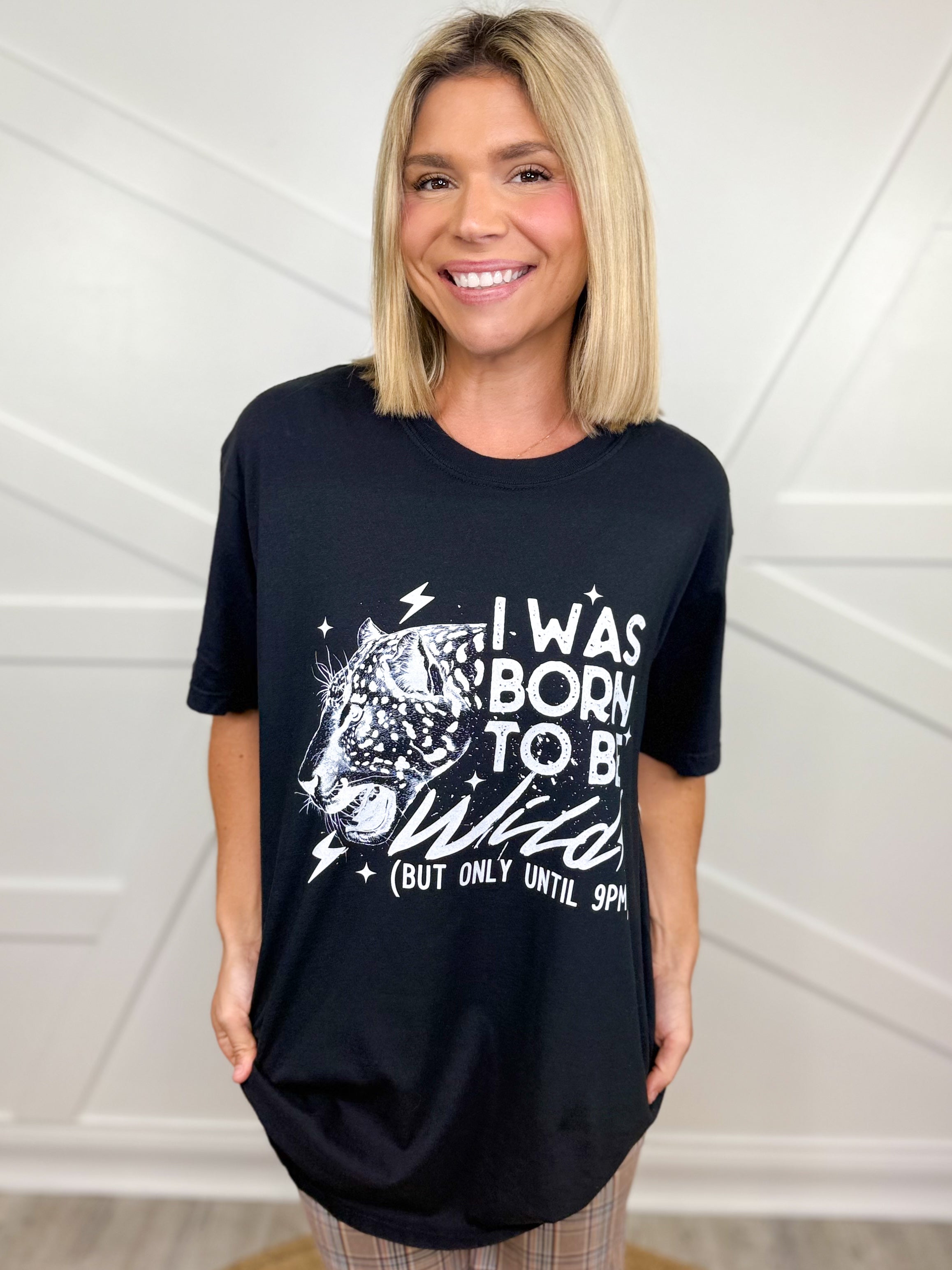 Wild Until 9 Graphic Tee- White Text - Black-130 Graphic Tees-Heathered Boho-Heathered Boho Boutique, Women's Fashion and Accessories in Palmetto, FL