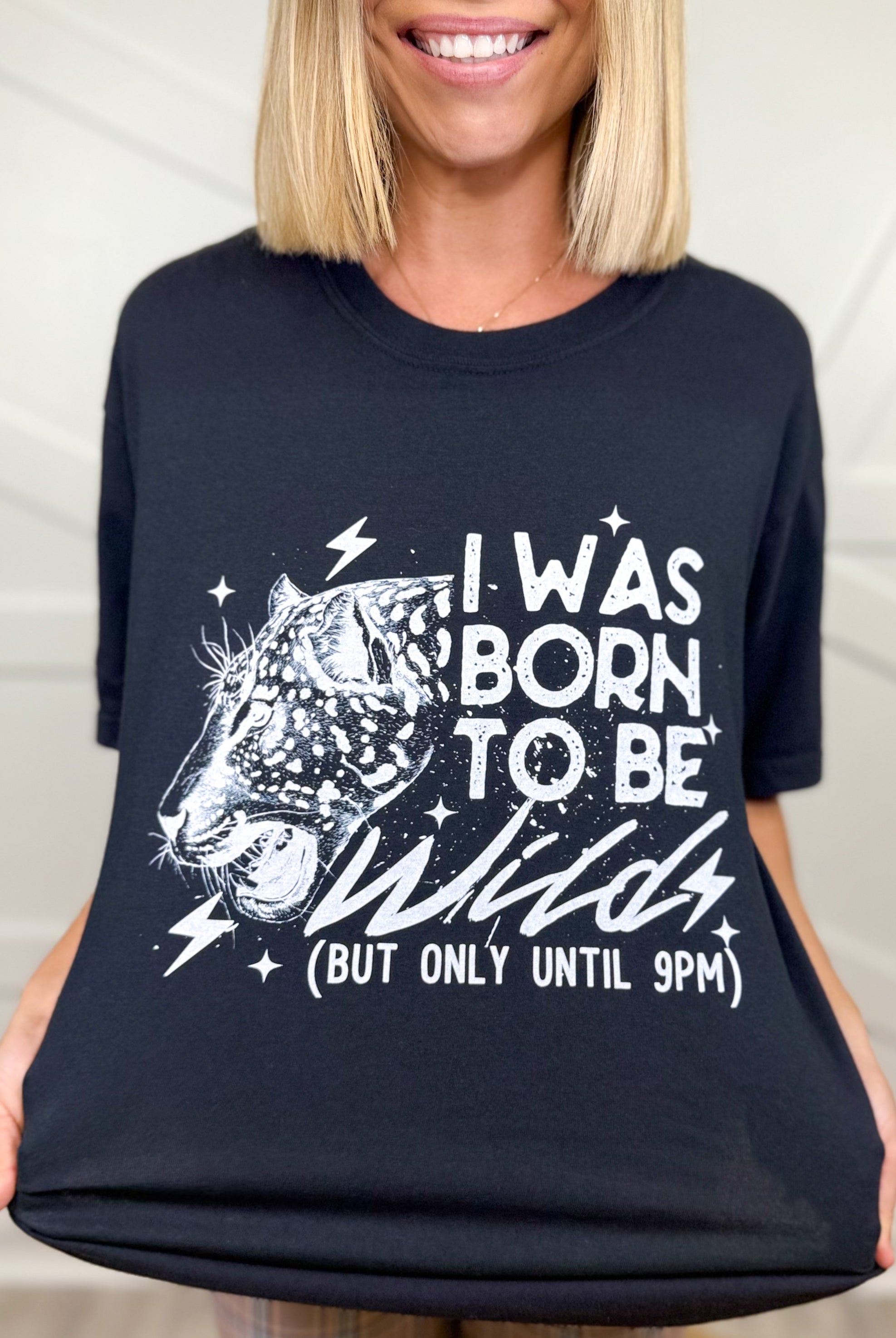 Wild Until 9 Graphic Tee- White Text - Black-130 Graphic Tees-Heathered Boho-Heathered Boho Boutique, Women's Fashion and Accessories in Palmetto, FL