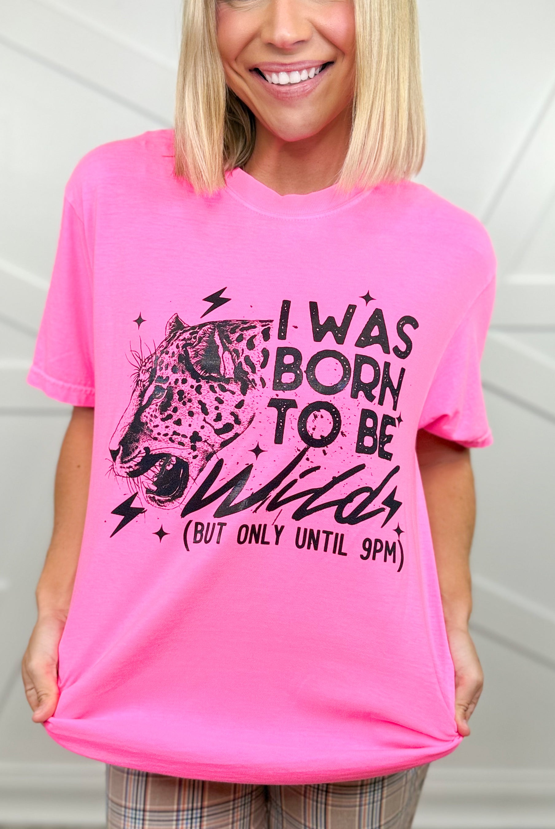 Wild Until 9 Graphic Tee- Black Text - Neon Pink-130 Graphic Tees-Heathered Boho-Heathered Boho Boutique, Women's Fashion and Accessories in Palmetto, FL