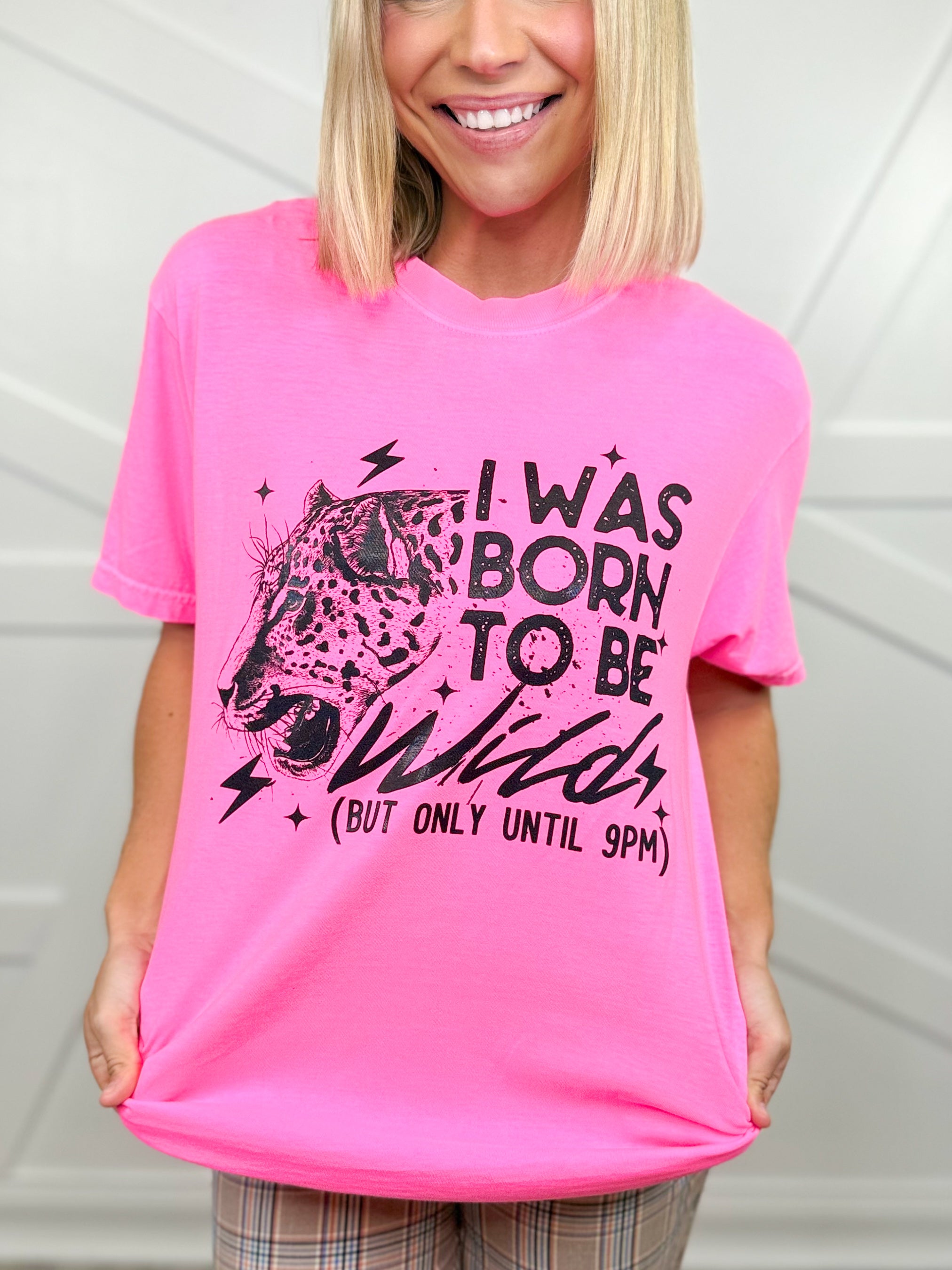 Wild Until 9 Graphic Tee- Black Text - Neon Pink-130 Graphic Tees-Heathered Boho-Heathered Boho Boutique, Women's Fashion and Accessories in Palmetto, FL