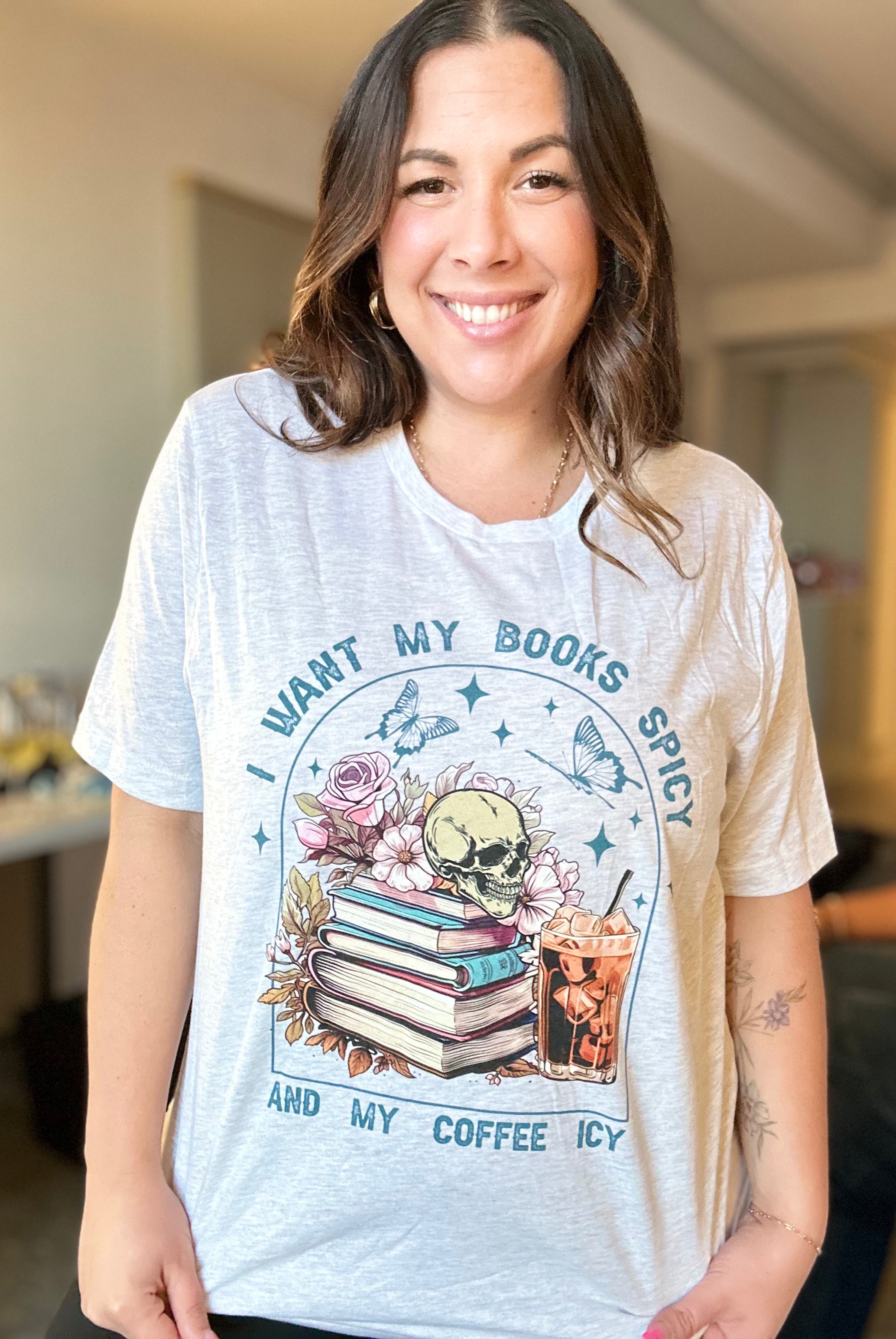 Books Spicy, Coffee Icy Graphic Tee-130 Graphic Tees-Heathered Boho-Heathered Boho Boutique, Women's Fashion and Accessories in Palmetto, FL