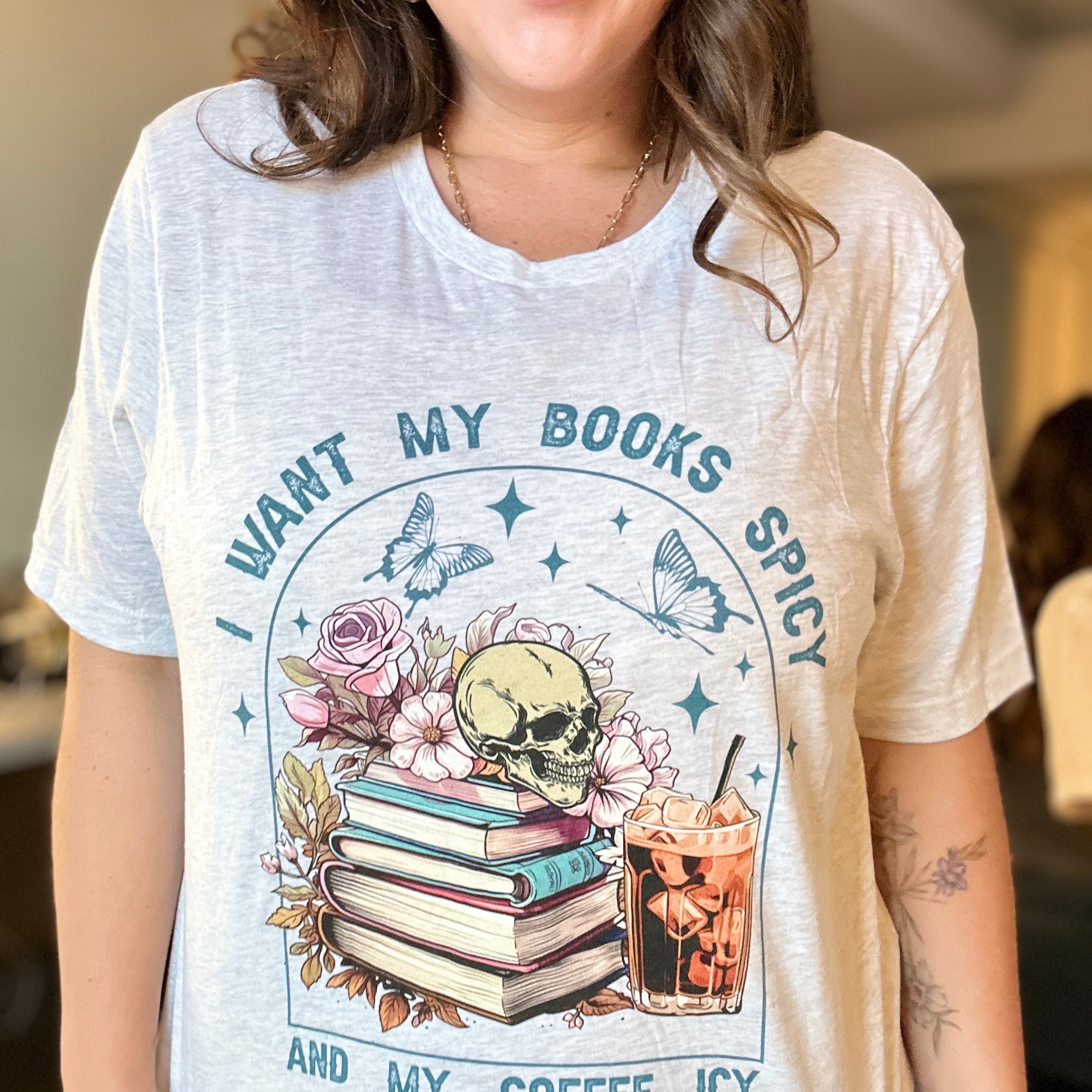 Books Spicy, Coffee Icy Graphic Tee-130 Graphic Tees-Heathered Boho-Heathered Boho Boutique, Women's Fashion and Accessories in Palmetto, FL