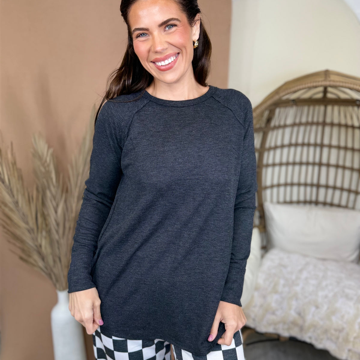 Waffle Baby Long Sleeve Top-120 LONG SLEEVE TOPS-ZENANA-Heathered Boho Boutique, Women's Fashion and Accessories in Palmetto, FL