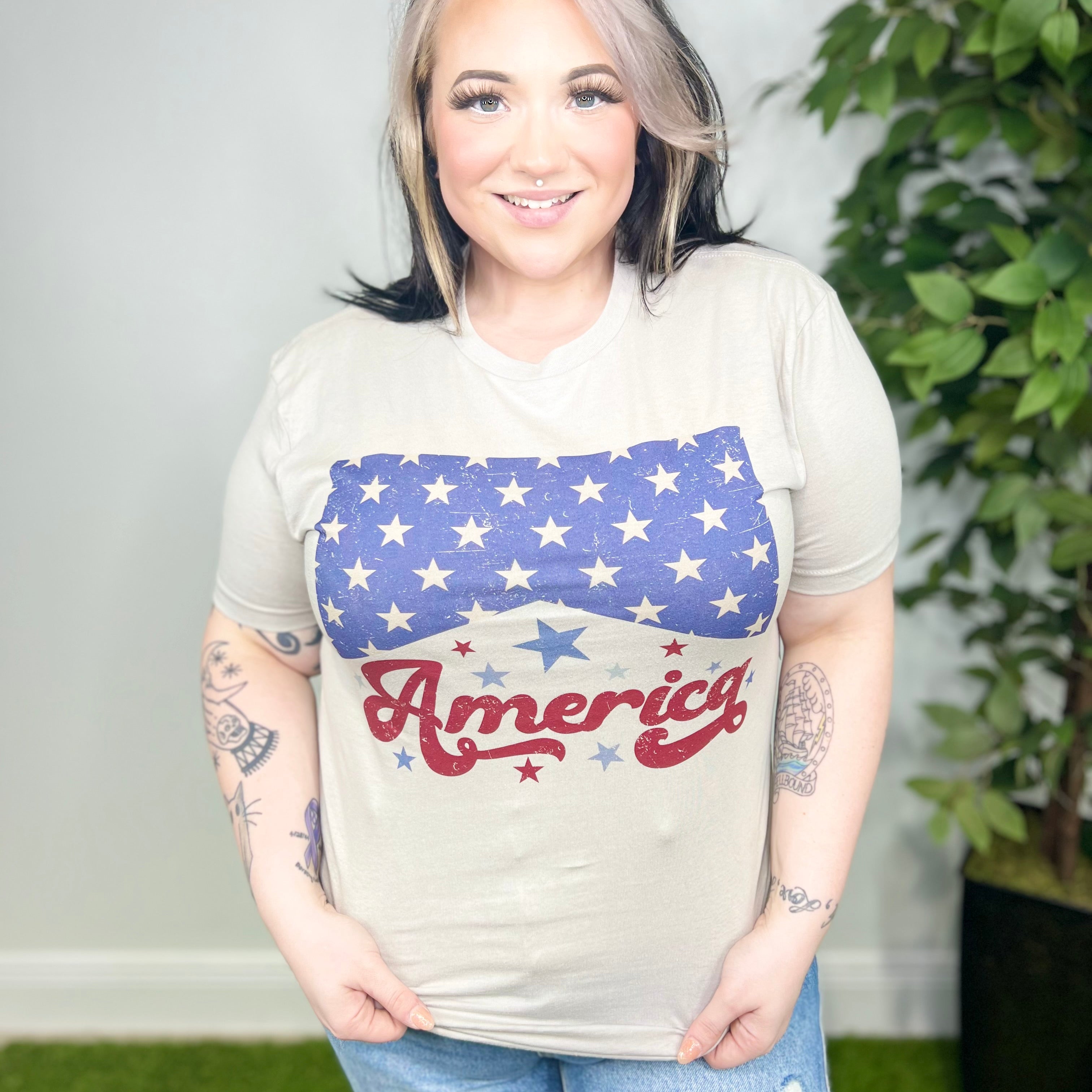 Retro Distressed America GraphicTee-130 Graphic Tees-Heathered Boho-Heathered Boho Boutique, Women's Fashion and Accessories in Palmetto, FL