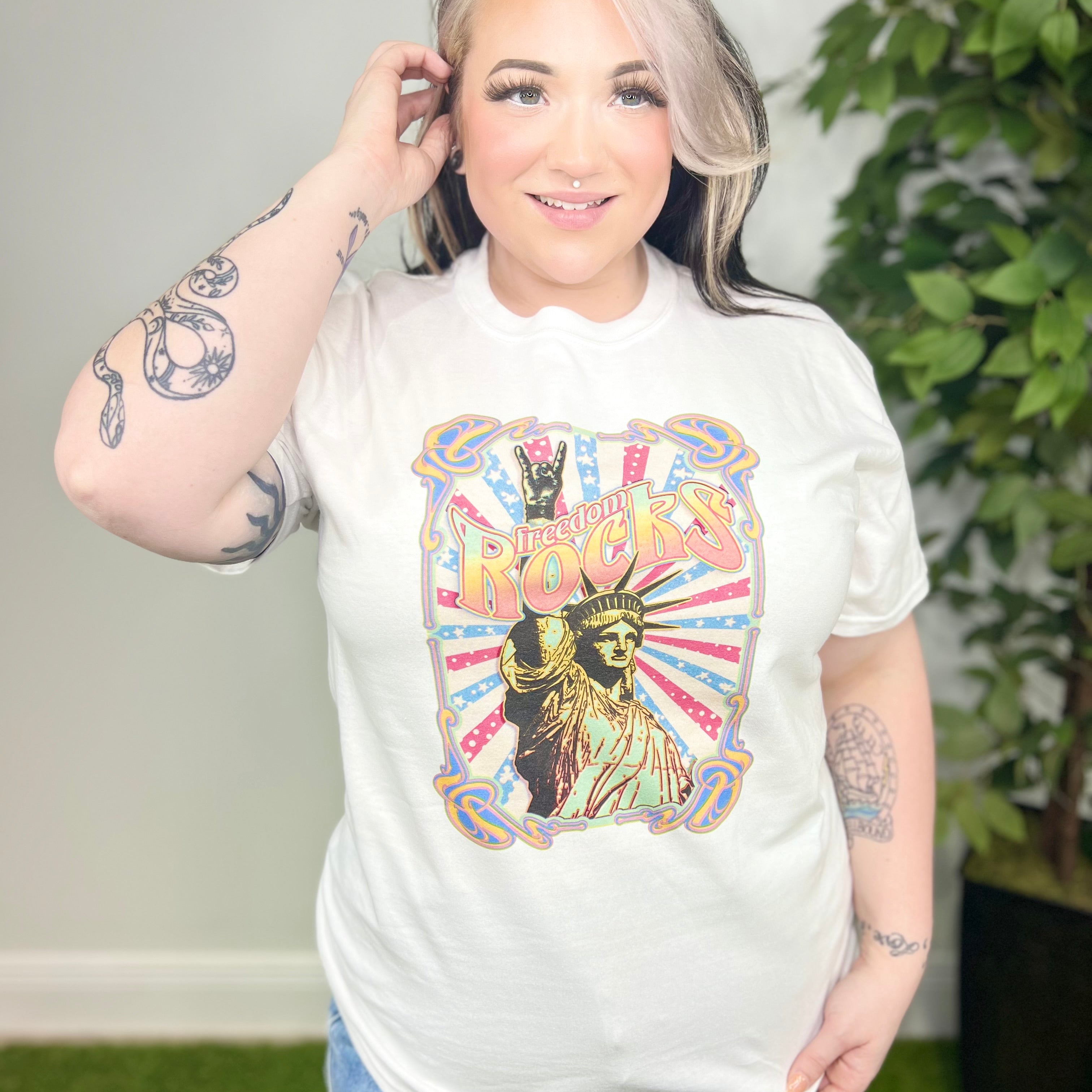 Freedom Rocks Graphic Tee-130 Graphic Tees-Heathered Boho-Heathered Boho Boutique, Women's Fashion and Accessories in Palmetto, FL
