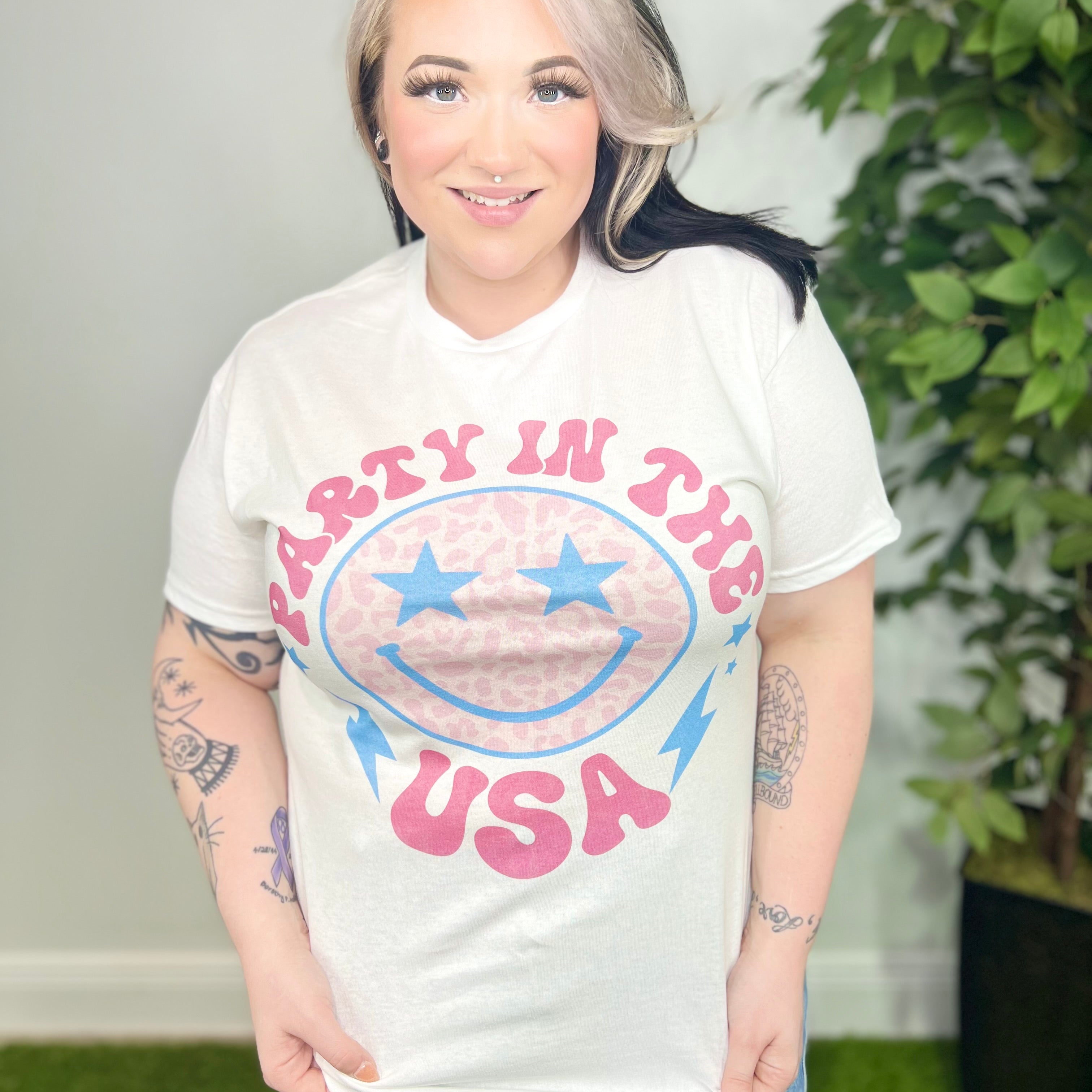 Party In The USA Graphic Tee-130 Graphic Tees-Heathered Boho-Heathered Boho Boutique, Women's Fashion and Accessories in Palmetto, FL