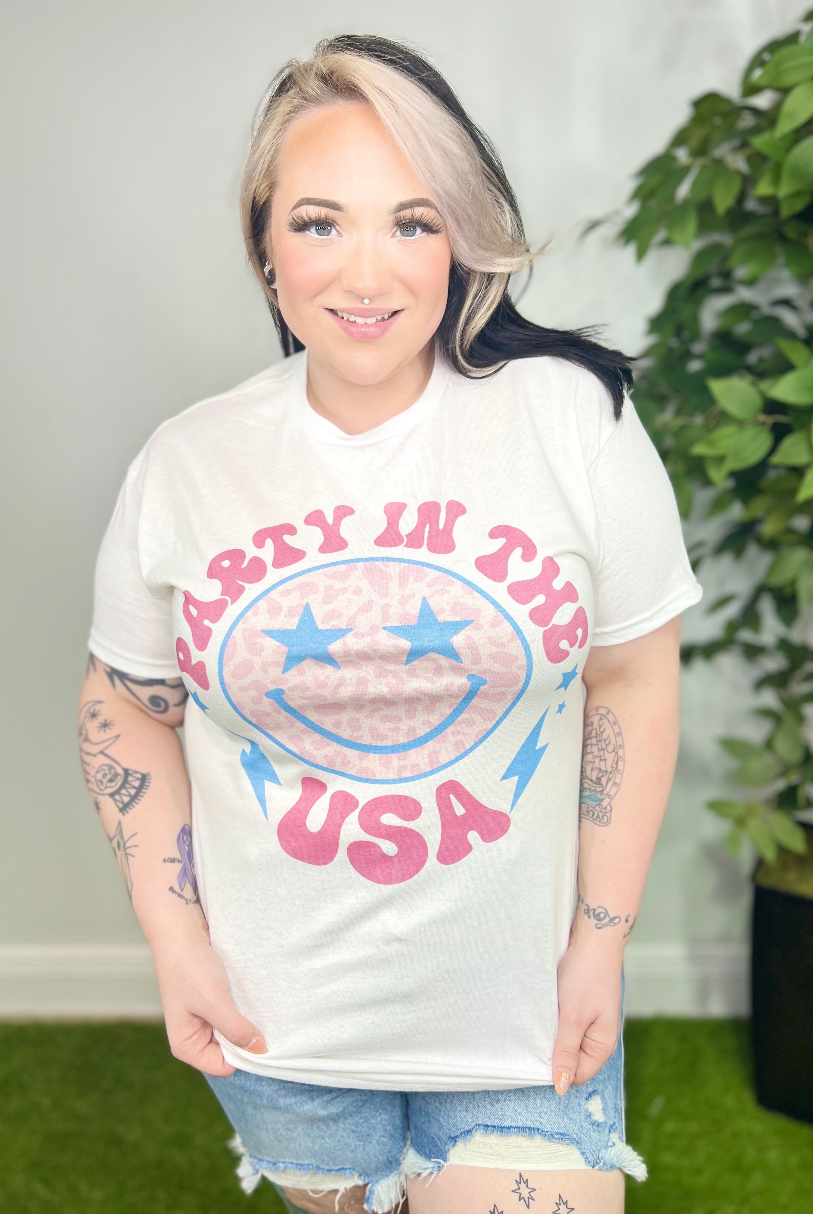 Party In The USA Graphic Tee-130 Graphic Tees-Heathered Boho-Heathered Boho Boutique, Women's Fashion and Accessories in Palmetto, FL