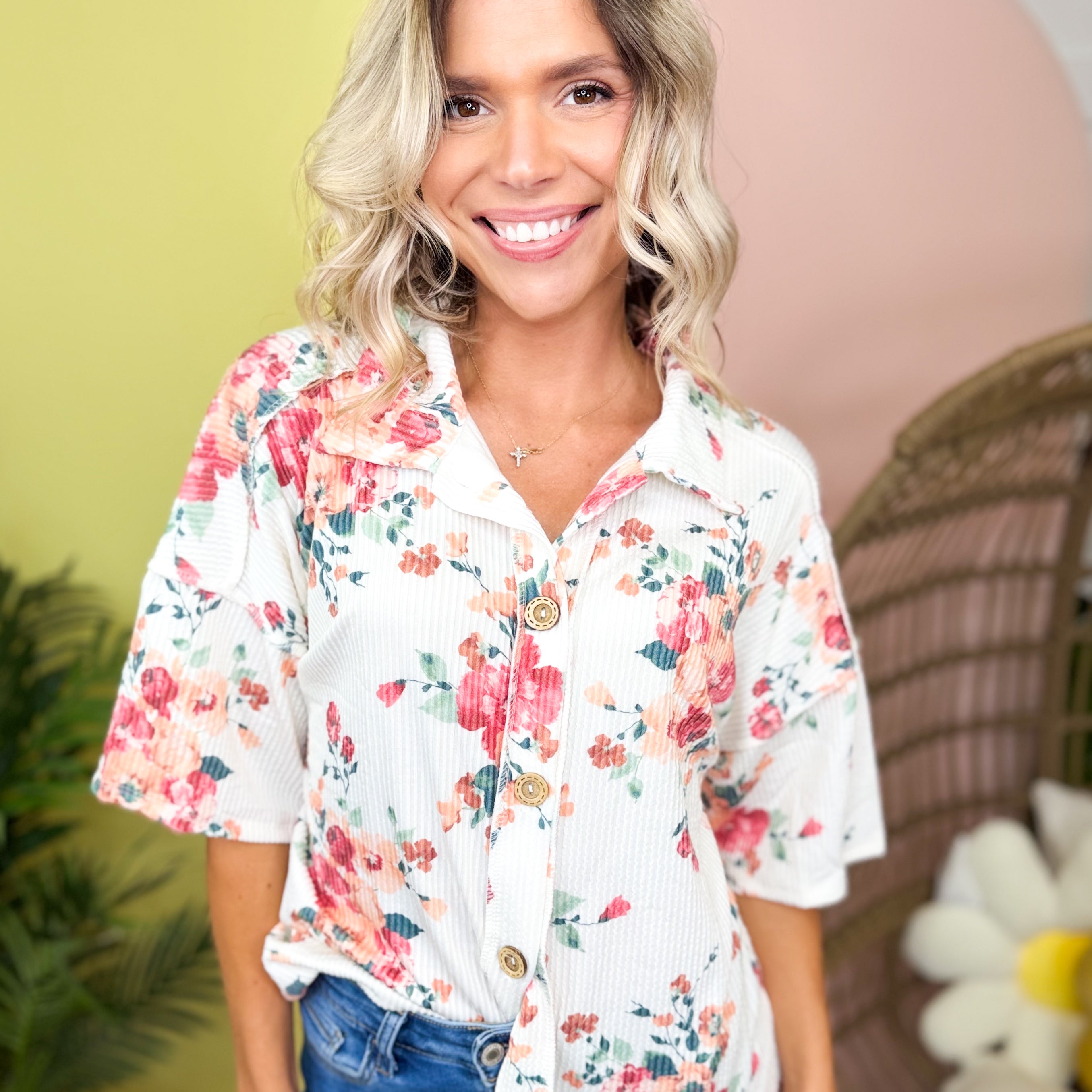 Blush Garden Button Blouse-110 SHORT SLEEVE TOP-HEIMISH-Heathered Boho Boutique, Women's Fashion and Accessories in Palmetto, FL
