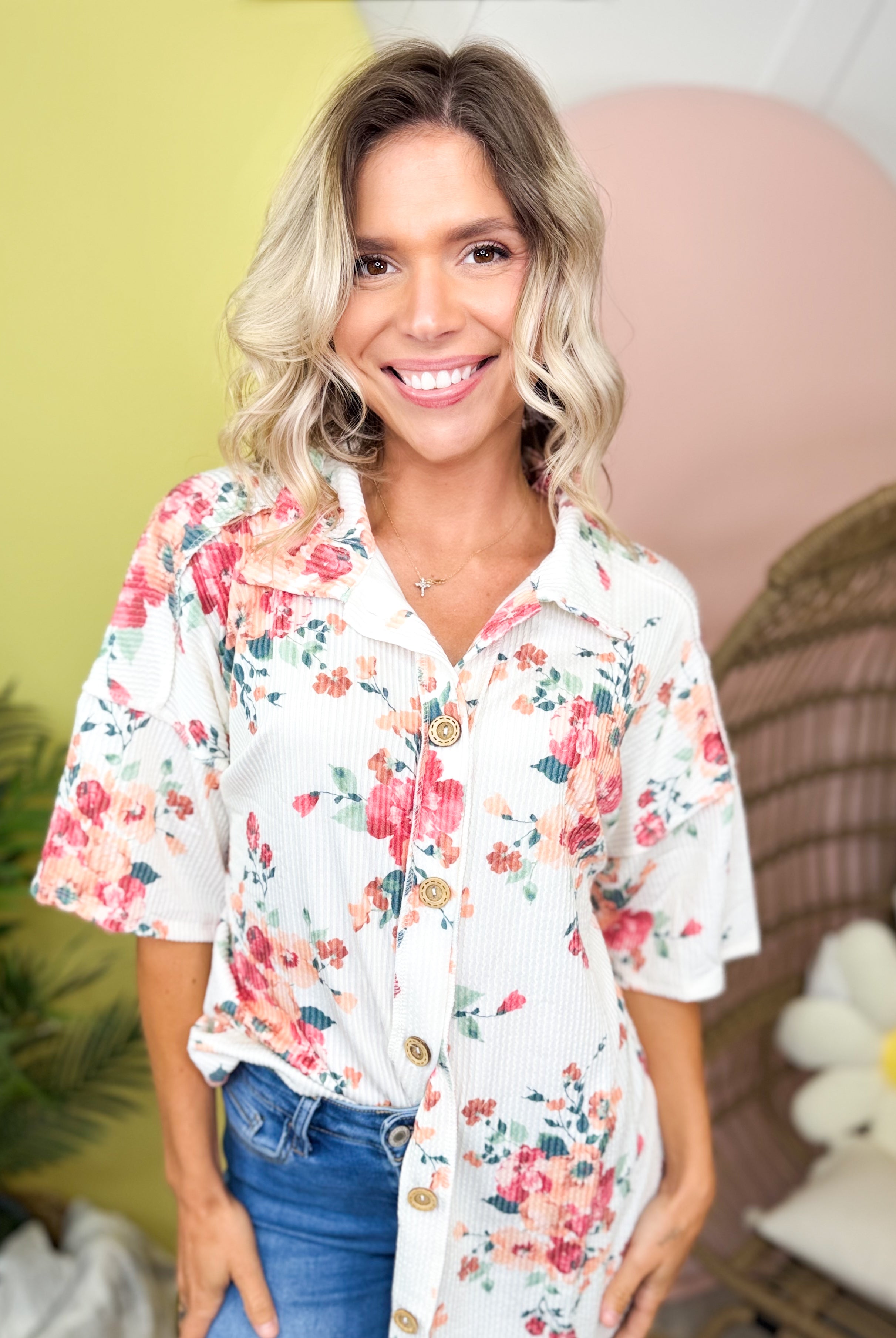 Blush Garden Button Blouse-110 SHORT SLEEVE TOP-HEIMISH-Heathered Boho Boutique, Women's Fashion and Accessories in Palmetto, FL